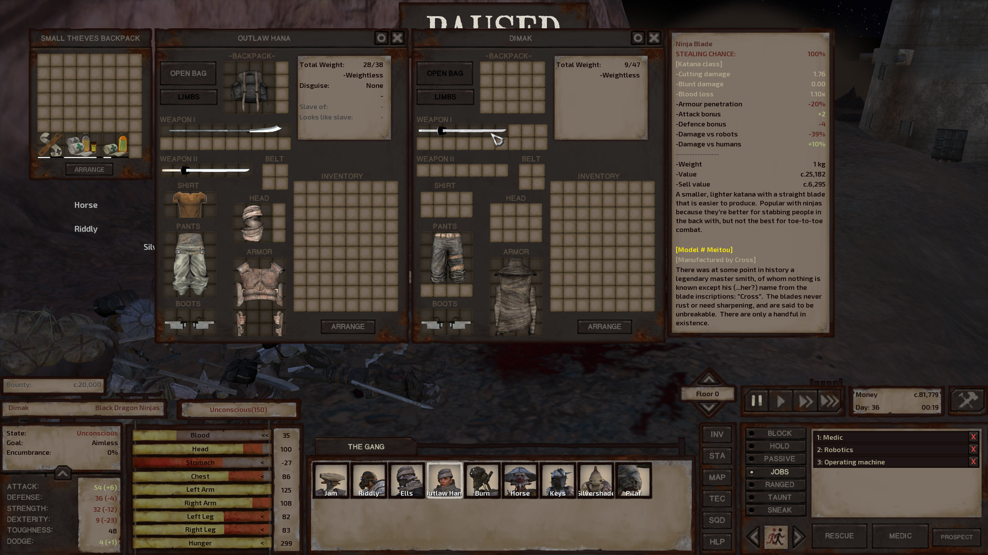 Outlaw Hana is looting Dimak. Dimak has a ninja blade, ninja rags, leather pants, and wooden sandals.
