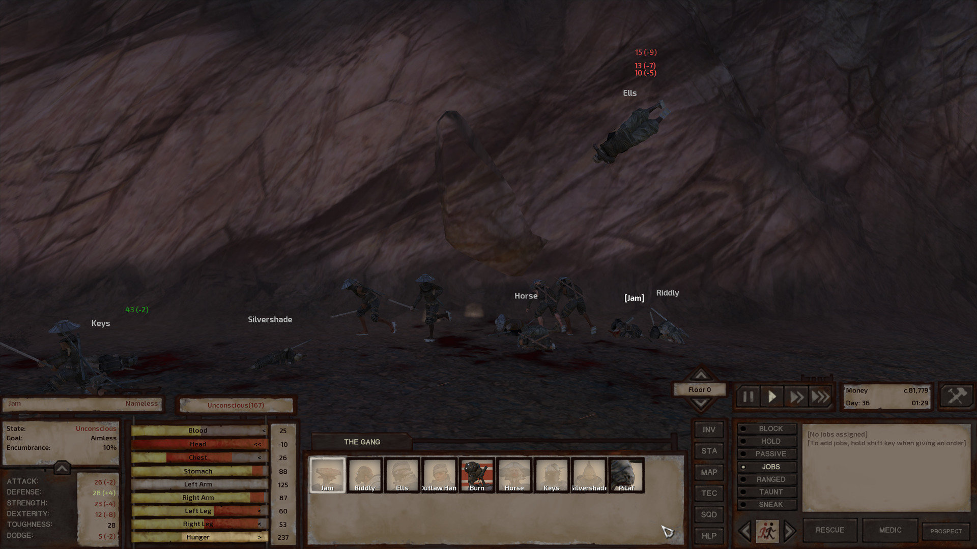 A fight in the dark. Keys, Silvershade, Horse, Jam, and Riddly lie unconscious on the ground. Several Black Dragon Ninjas run toward the left of the screen. Ells, who has just been knocked unconscious, soars through the air above their heads.