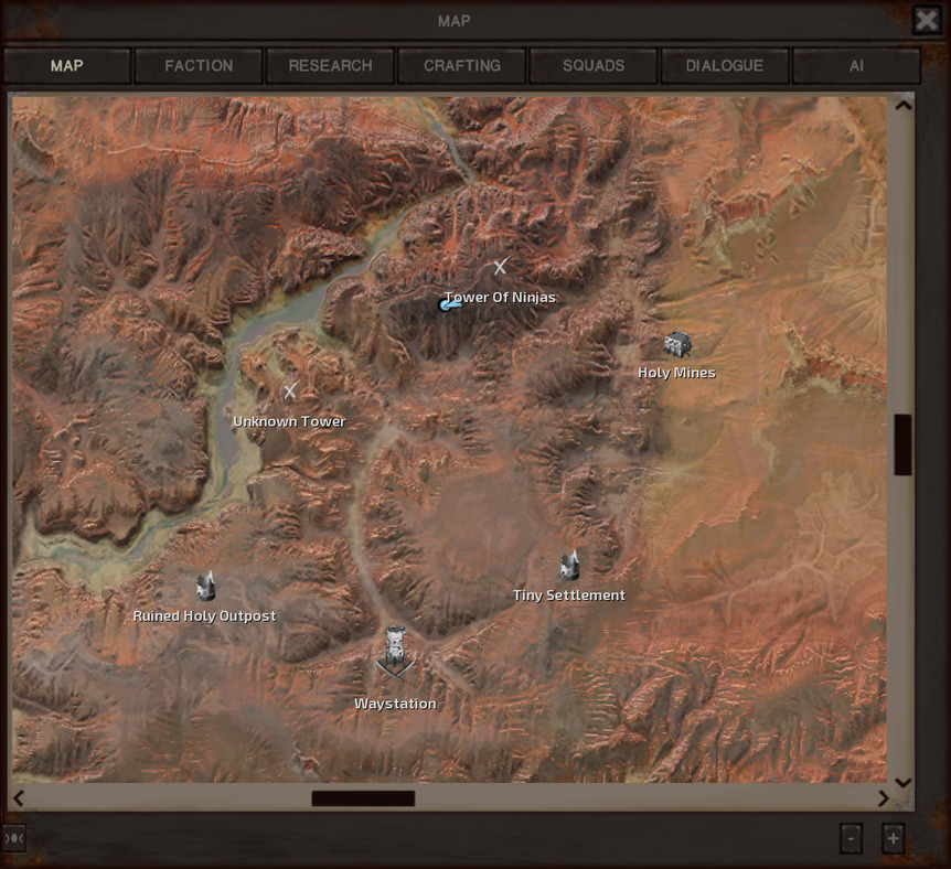 The map, showing the eastern half of the Border Zone. The gang is just leaving the Tower of Ninjas, centre north. From there, the other points of interest are arranged in sort of a circle, if you took a circle and kind of skewed it to be oblong from northeast to southwest. Clockwise from the Ninjas, those points are: Holy Mines, Tiny Settlement, Waystation, Ruined Holy Outpost, and the mysterious Unknown Tower.