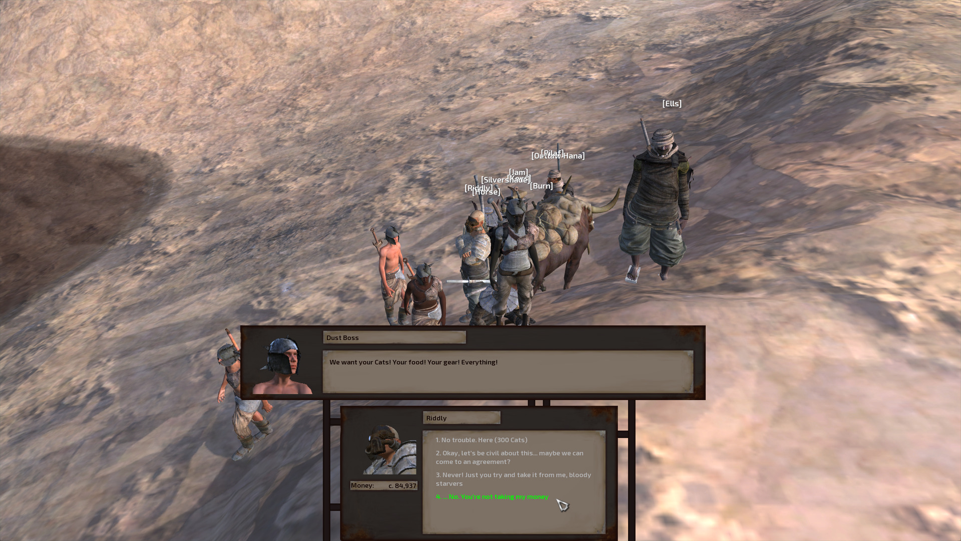 On pale brown, uneven ground next to a shallow pool of water, a dust boss with a measly two dust bandits threatens the gang.