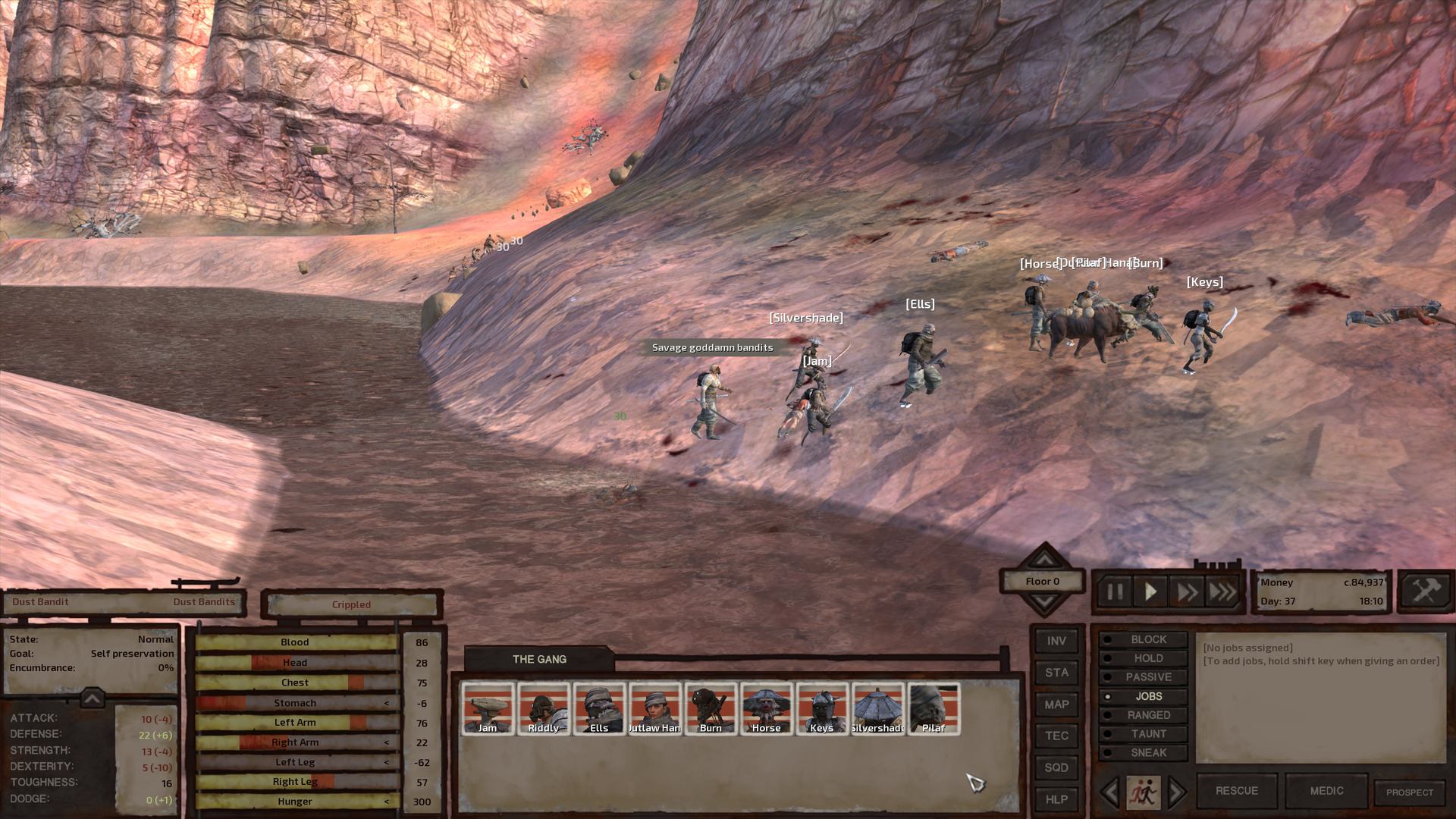 One dust bandit crawls away as the gang watches him, their swords out in case his leg somehow miraculously heals and he tries something funny. In the distance, a few more dust bandits fight starving bandits.