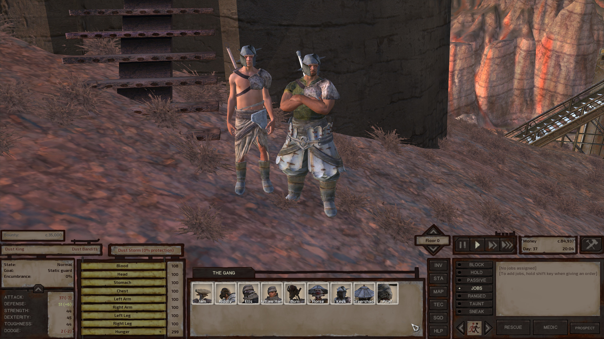 The Dust King stands with one if his bandits in front of his tower. The Dust King is a tan, broad, muscular human man sporting a van dyke. He wears a heart protector over a green shirt, heavy samurai legplates, metal boots, and the same shitty helmet with random spikes poking out that all the dust bandits wear. He makes the bandit standing next to him look like a scrawny wimp in comparison.