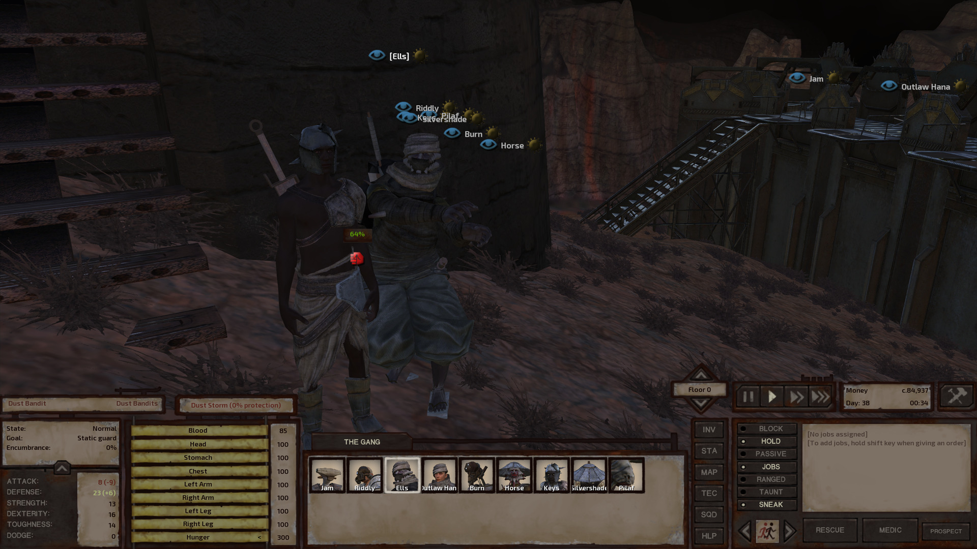 Standing just behind a dust bandit, Ells is winding up to bonk the man on the side of the head. The two are right next to the steps leading to the tower's front door.