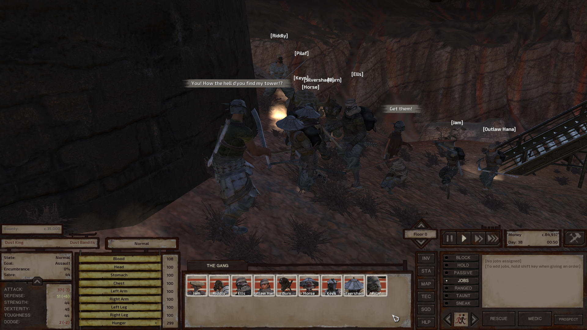 The gang rushes into battle against the dust king, who assumes a ready stance in the foreground. A regular dust bandit has also joined the battle and takes a swing at Jam, who holds their sabre up, ready to block.