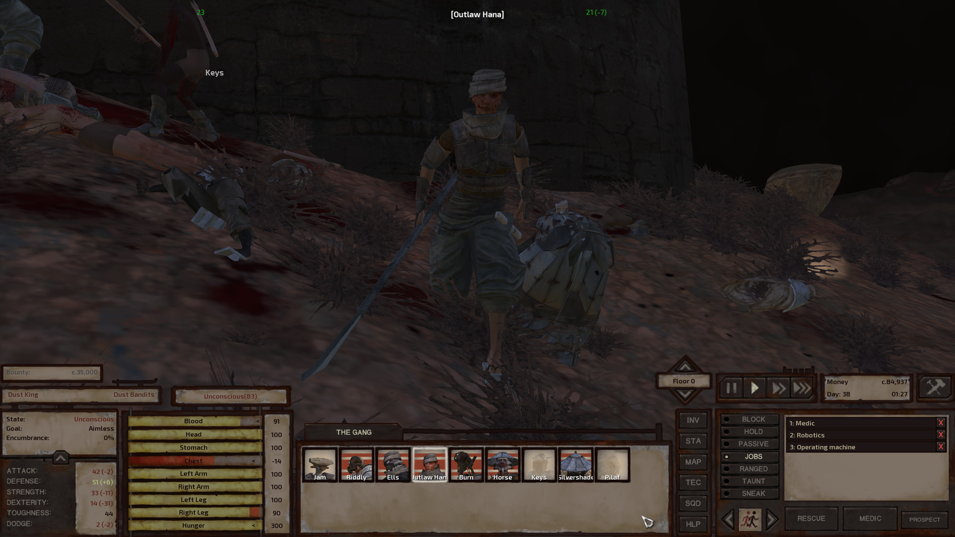 Outlaw Hana strides steely-eyed toward the camera, polearm held in front of her in her right hand and blood on her face. The Dust King is slumped on the ground behind her, ass in the air. To her right, blood stains the ground. Keys and a dust bandit lie in a heap. Behind them, another dust bandit is still fighting. He's naked except his underwear and boots because he was knocked out earlier in the fight and the gang took the rest of his stuff.