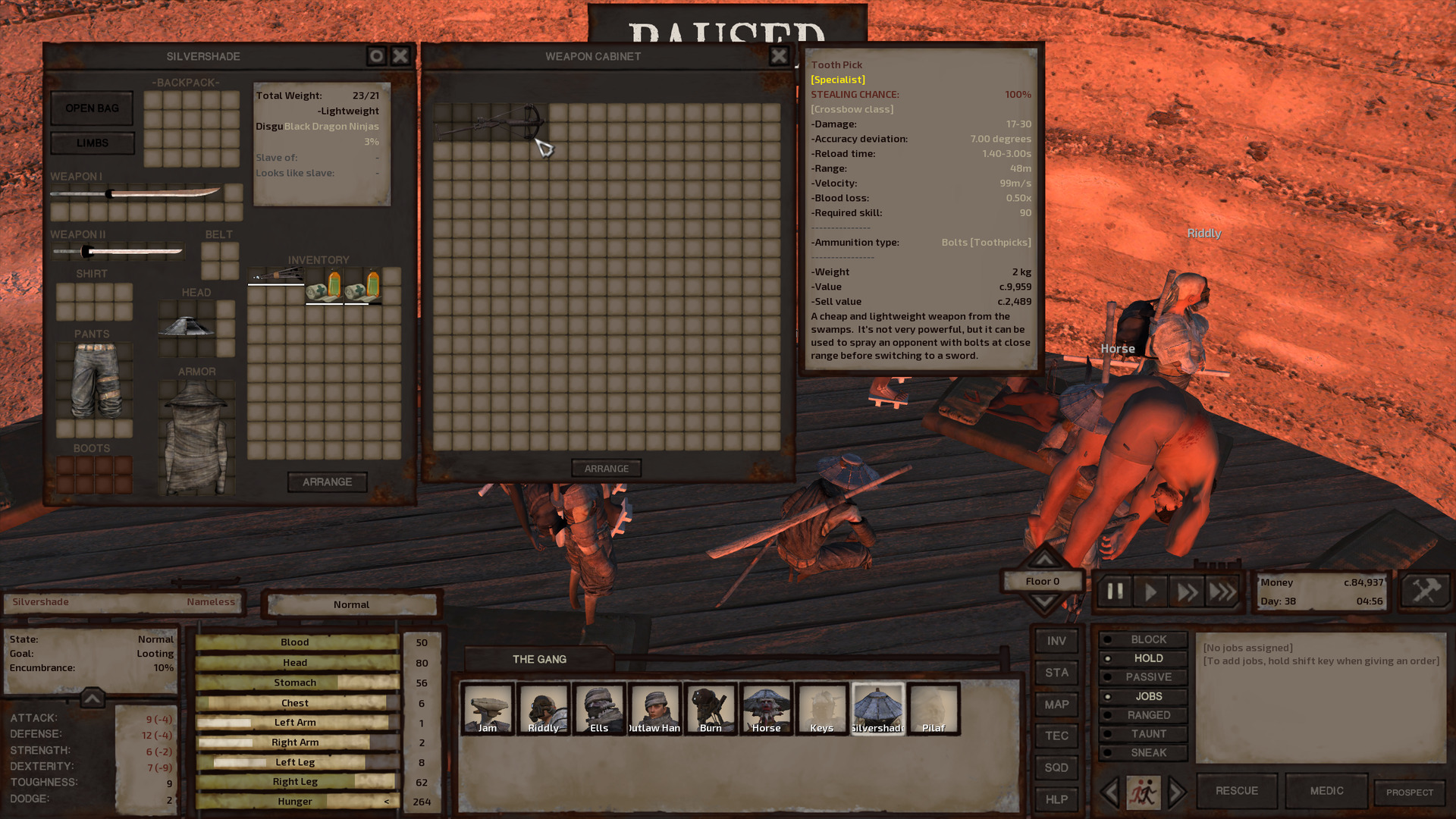 Silvershade loots a weapon cabinet that has inside it a slim crossbow called a tooth pick.