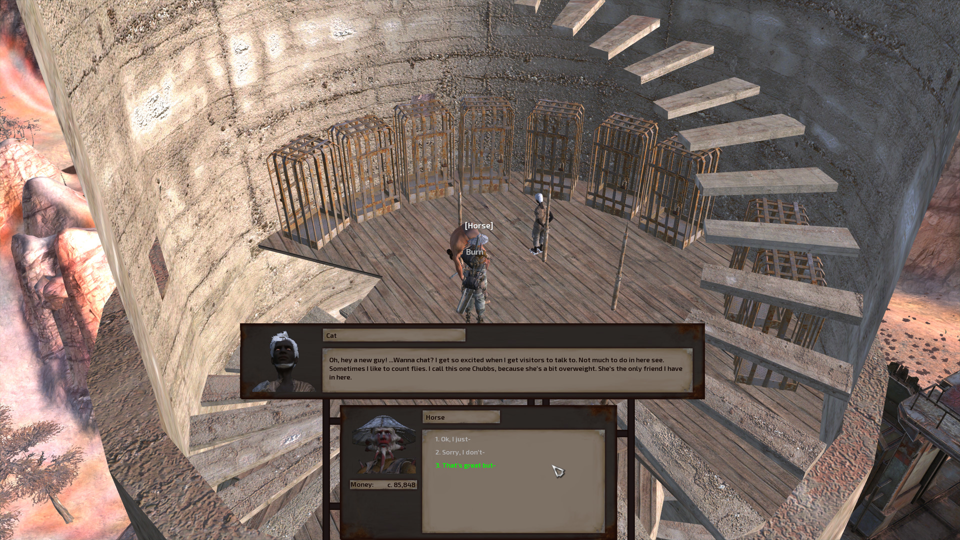 The round room is lined with cages. In the centre stand three poles. A human man with charcoal grey skin, short feathered white hair, and a chinstrap is tied to one of them. Horse, still carrying the Dust King, talks with him.