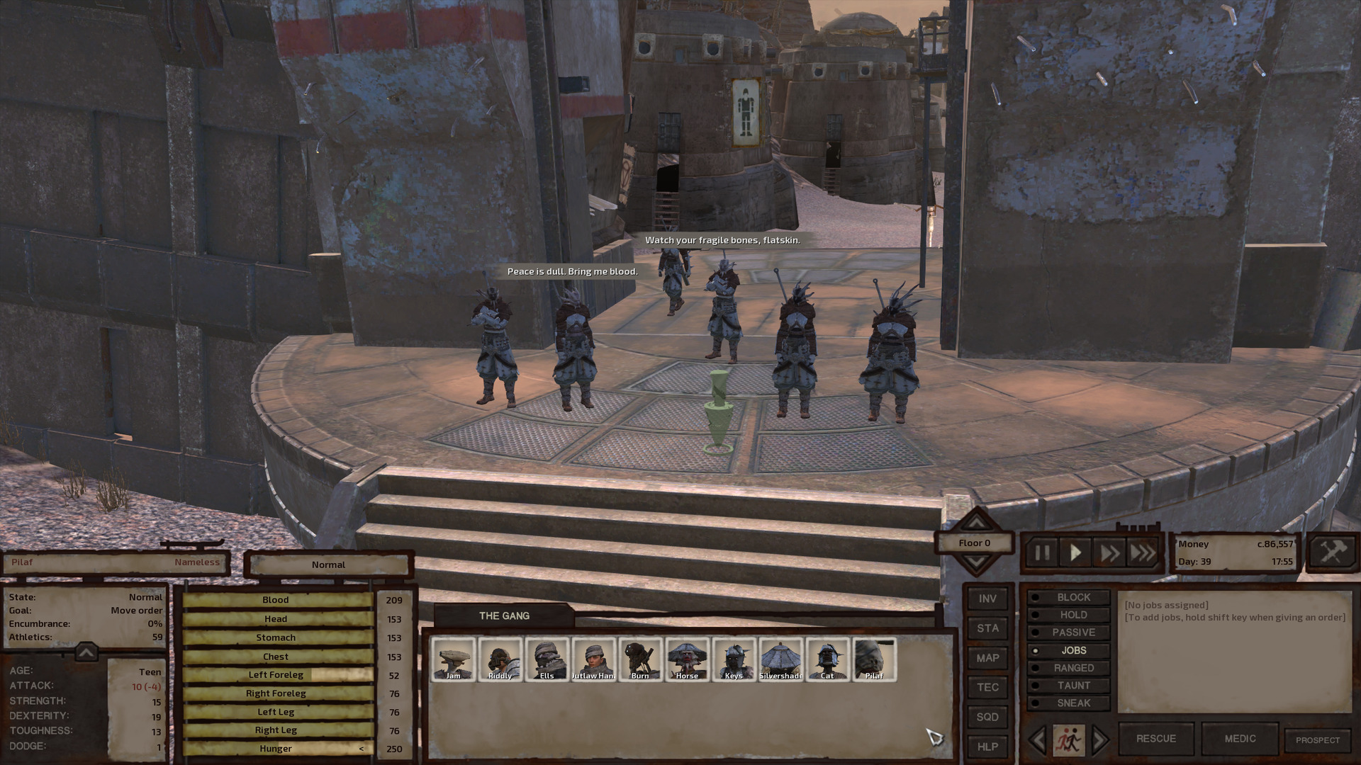 Squin's eastern gate, the same one the gang came through before. The philosophical guard from last time is complaining into the wind; the gate guard is condescending to the gang.
