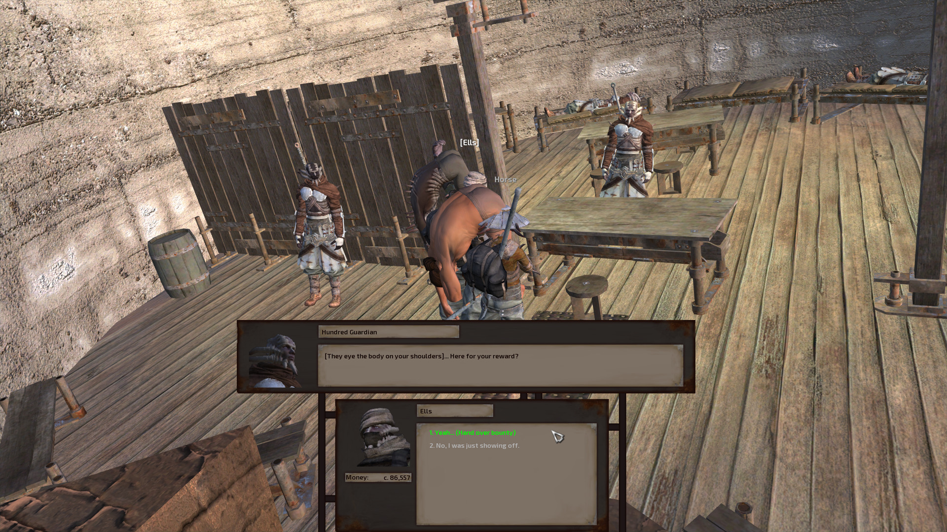 The ground floor of a watchtower with a shek warrior standing behind a desk, ready to accept bounties. Horse stands in front of the desk with the half-naked Dust King on his shoulder. Ells stands next to him with a half-naked dark-skinned shek man on his shoulder, speaking with the warrior.