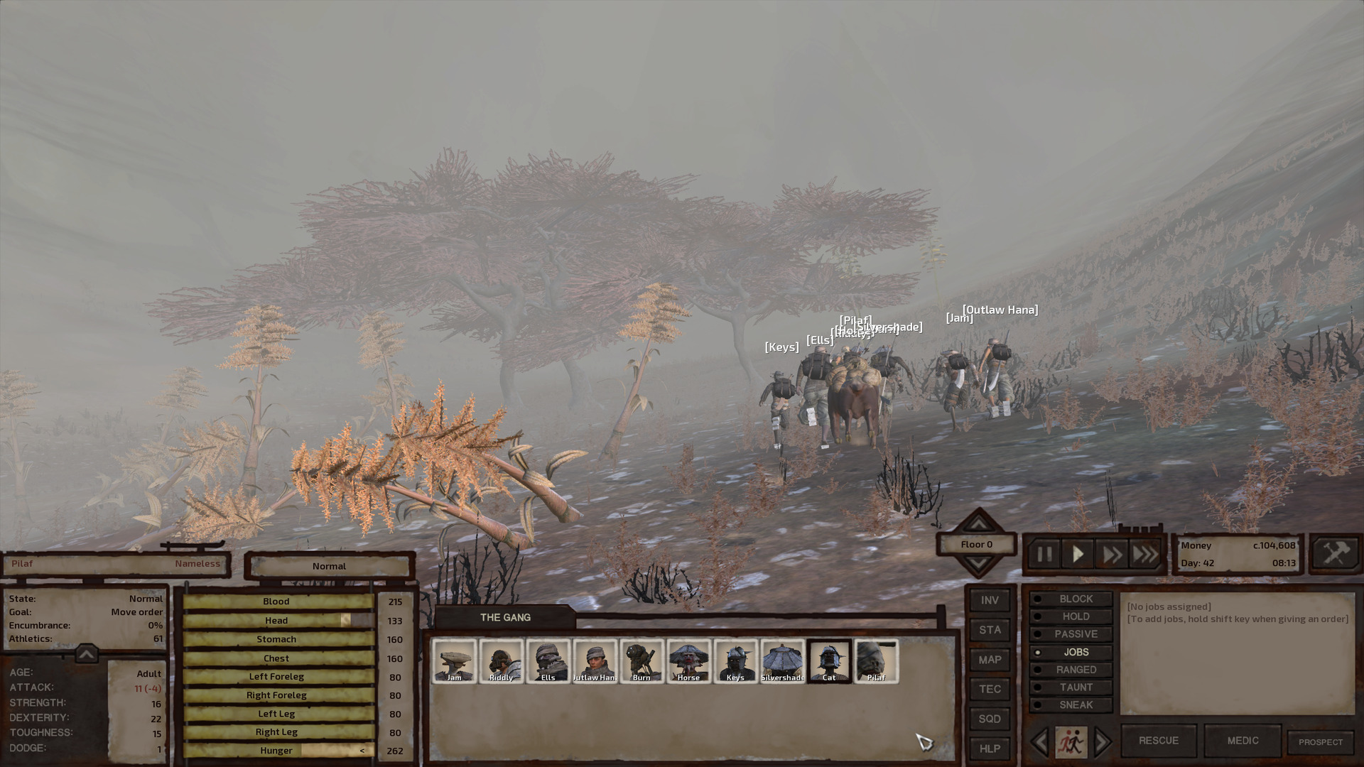 The gang runs down a rocky slope. Next to them are some short, confusing trees with top halves that look coniferous but the bottom halves have long, straight leaves. They stick out from the ground at extreme angles. A little further ahead are squat, leafy trees with wide-splayed branches. The fog is thick enough to partly conceal them and to completely conceal anything further away than them.