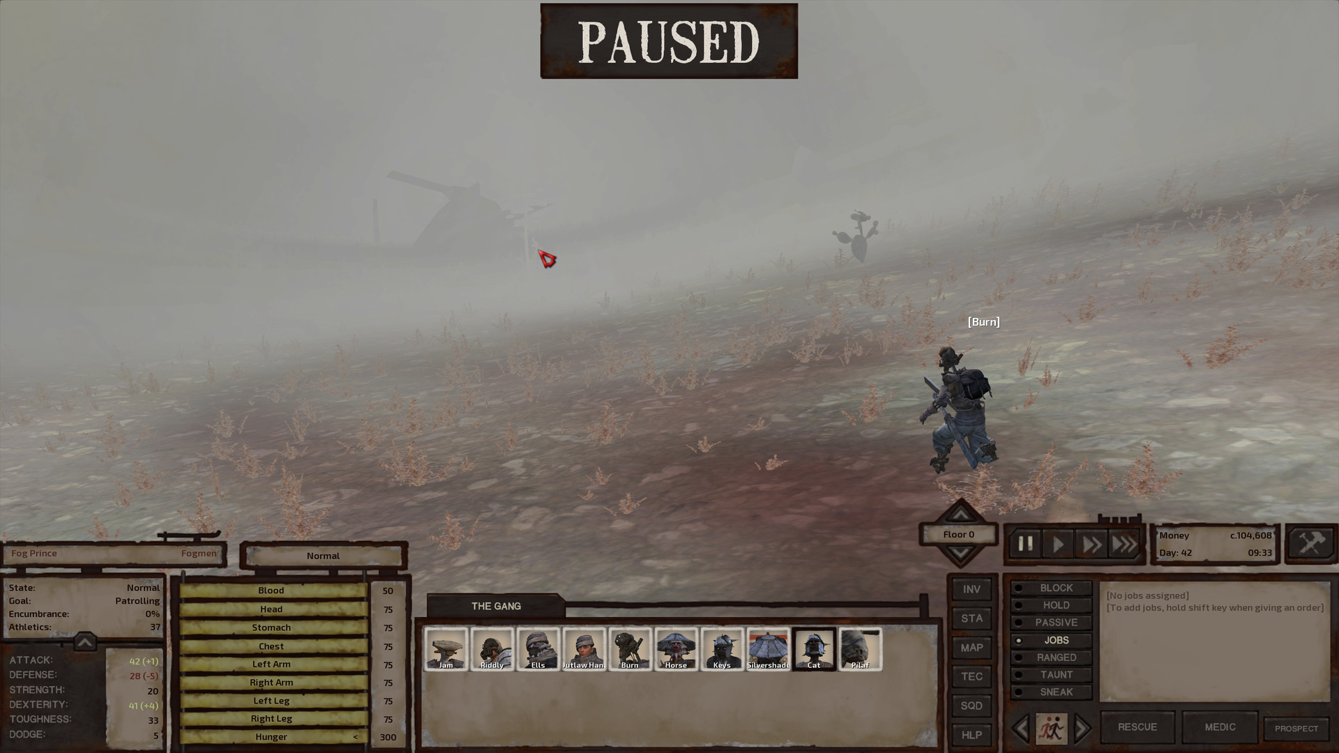 Burn runs down a slope toward a fog prince, barely visible in the distance, enshrouded by fog. Probably no one would be able to find the prince in this shot so the game's cursor is pointed right at them, coloured red because it is pointing at a hostile.