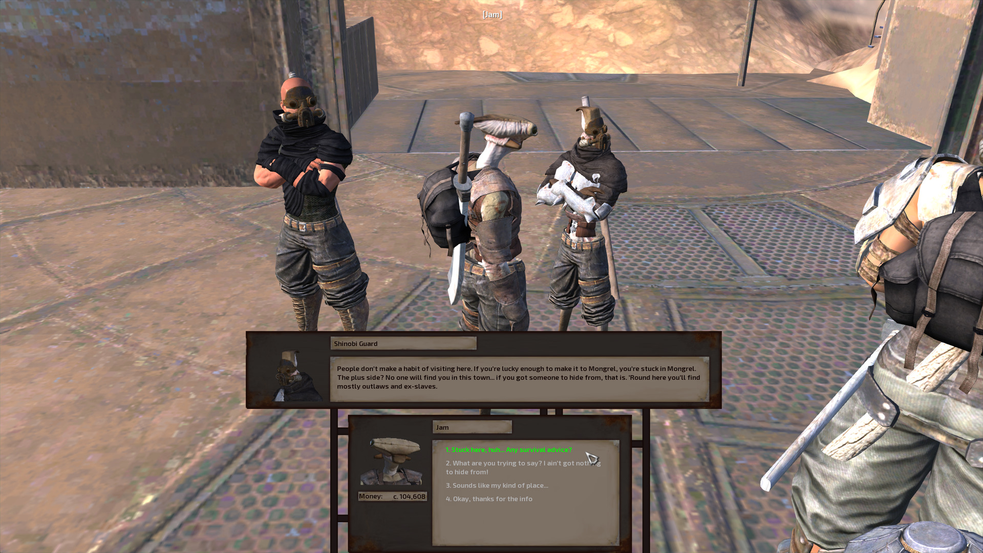 On the platform for Mongrel's city gate, Jam speaks with a hive worker who's wearing a metal gas mask and black rags with thick white armour plates on their chest and forearms. Beside them, looking on, is a fair-skinned human man dressed similarly but without the armour plates.