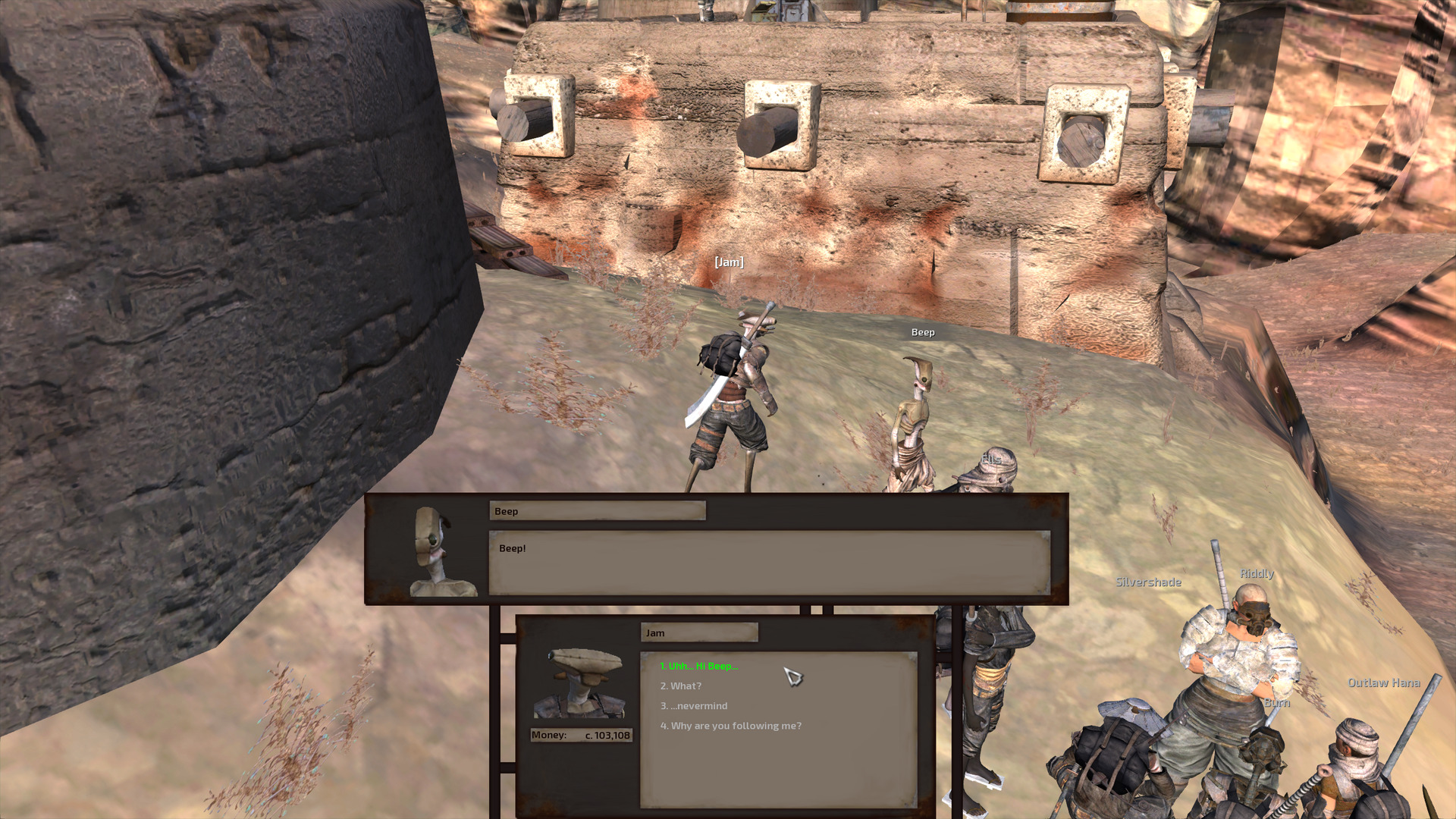 Between a couple stone buildings, Jam speaks to a hive worker drone who is wearing a rag skirt and no top. Worker drones look about the same as soldiers and princes, though skinnier on average, except for their heads. Their faces are thin with squared edges and side-facing black eyes. Their rectangular foreheads stretch upward, ending in a single backwards-pointing antenna.