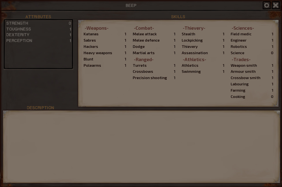 Beep's stats window.