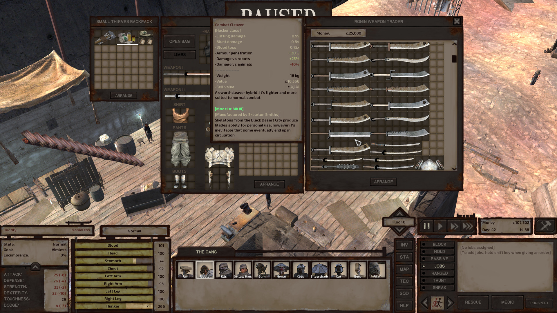 Riddly is shopping at the Mongrel weapon shop. The shop's inventory shows a whole lot of sabres, a few katanas, and a combat cleaver that is being moused over. The combat cleaver divides damage pretty evenly between cutting and blunt with a slight bias toward cutting, causes a middling amount of blood loss, has 30% armour penetration, deals a bonus 25% damage to robots and has a 10% damage penalty against animals.