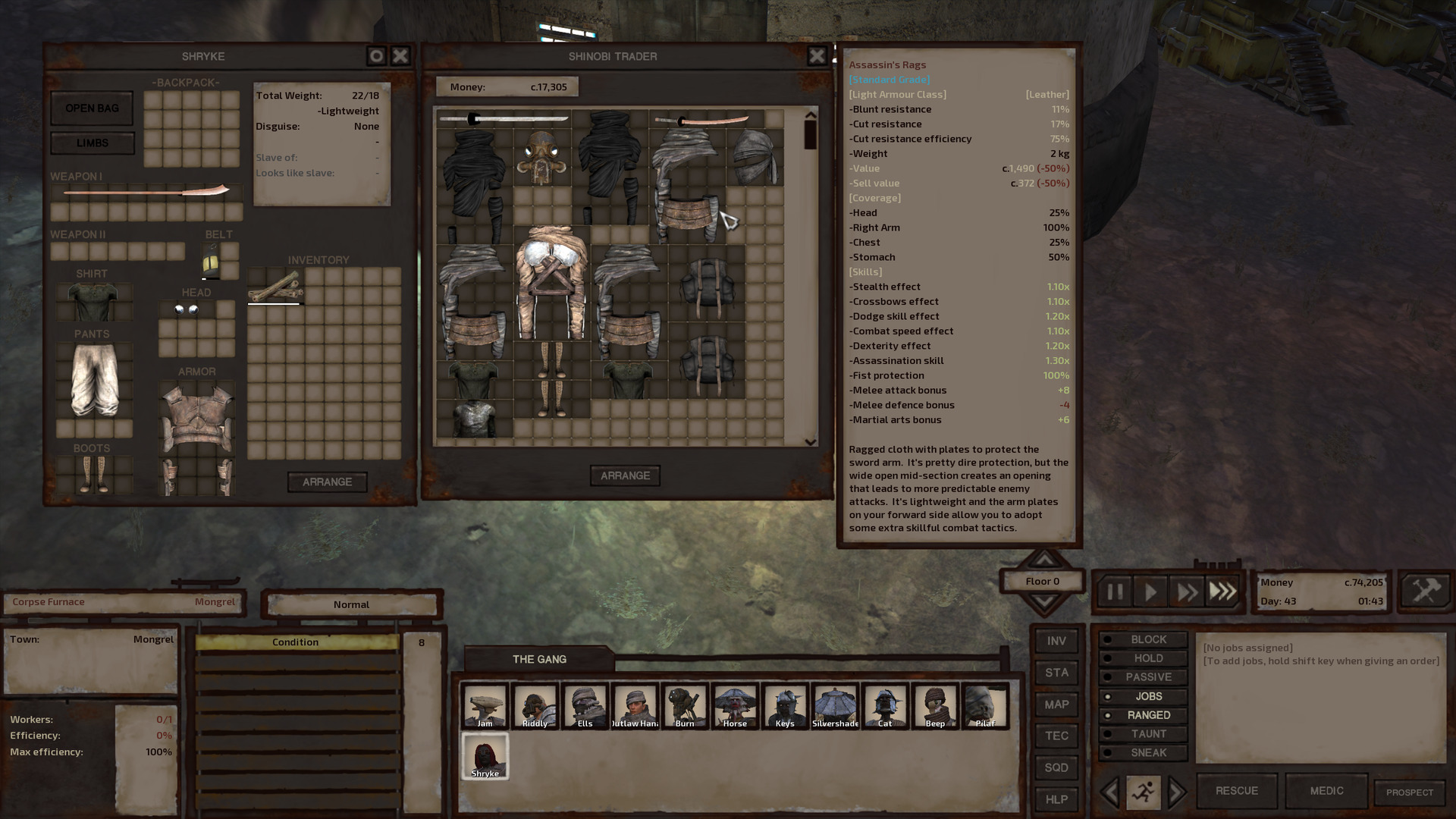 Shryke is shopping at the Shinobi Thieves trader. She is checking out a set of Assassin's Rags.