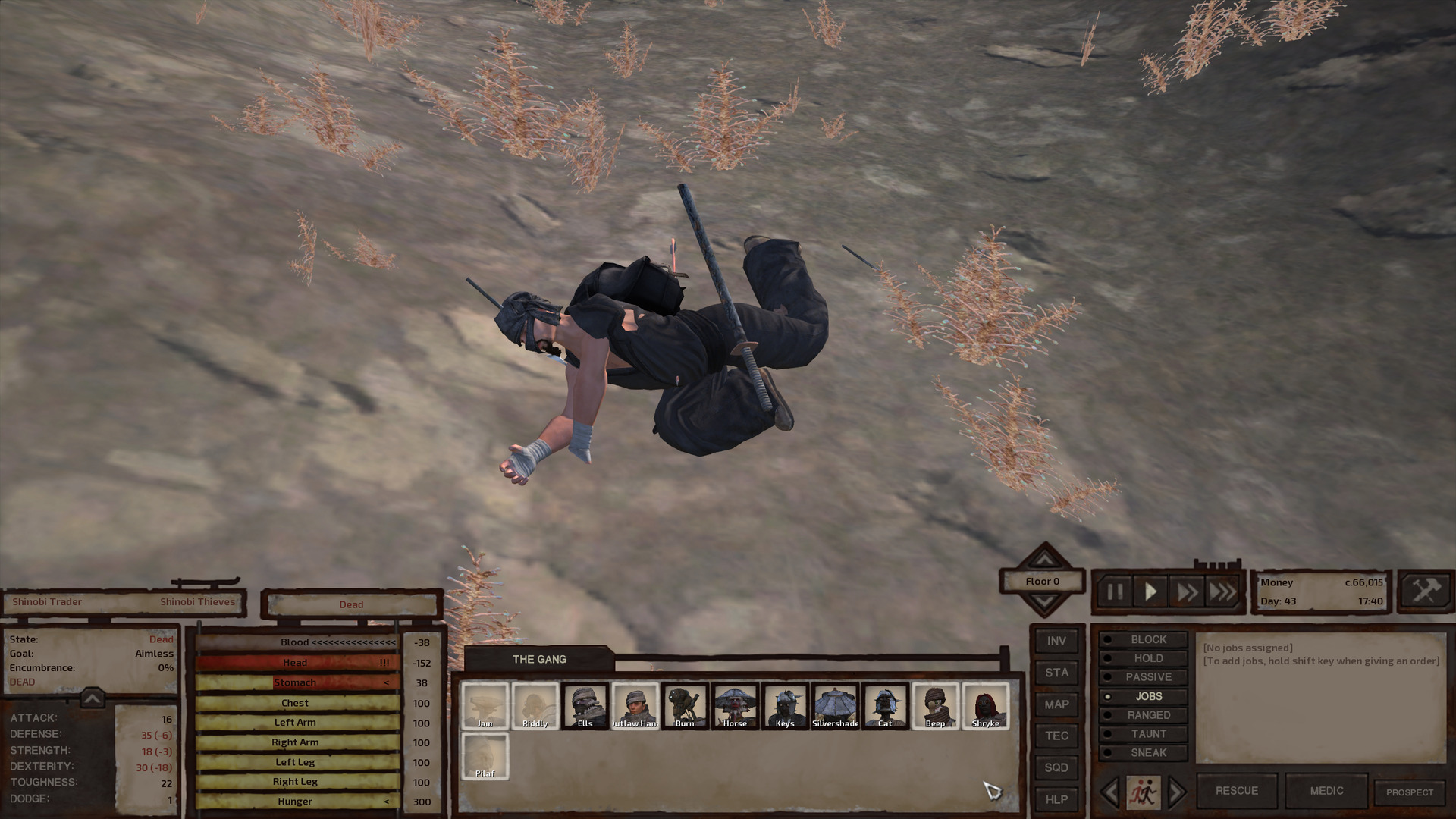 A fair-skinned human man lays on the ground. He's wearing a black gi, a black ninja mask, a big black backpack, and has a katana at his hip. A crossbow bolt sticks into his lower back and a turret bolt pierces all the way through his head from the crown to the jaw. He is dead. His head's health bar is completely depleted.