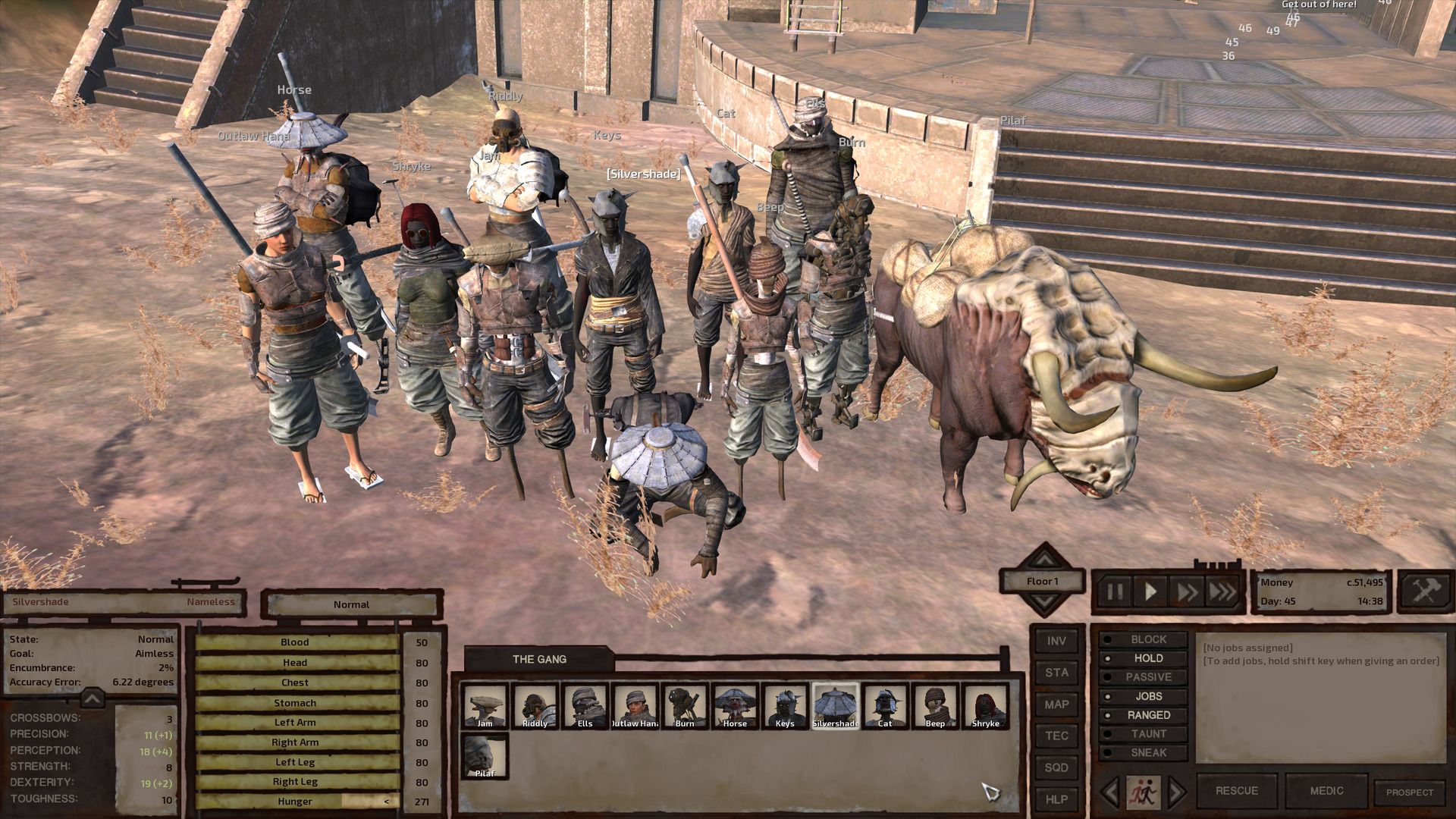 A group shot of the gang: The hivers Jam, Silvershade, and Beep; the greenlander humans Riddly and Outlaw Hana; the scorchlander humans Keys, Cat, and Shryke; the shek Ells and Horse; the skeleton Burn; the pack bull Pilaf. They stand in front of one of Mongrel's gates.