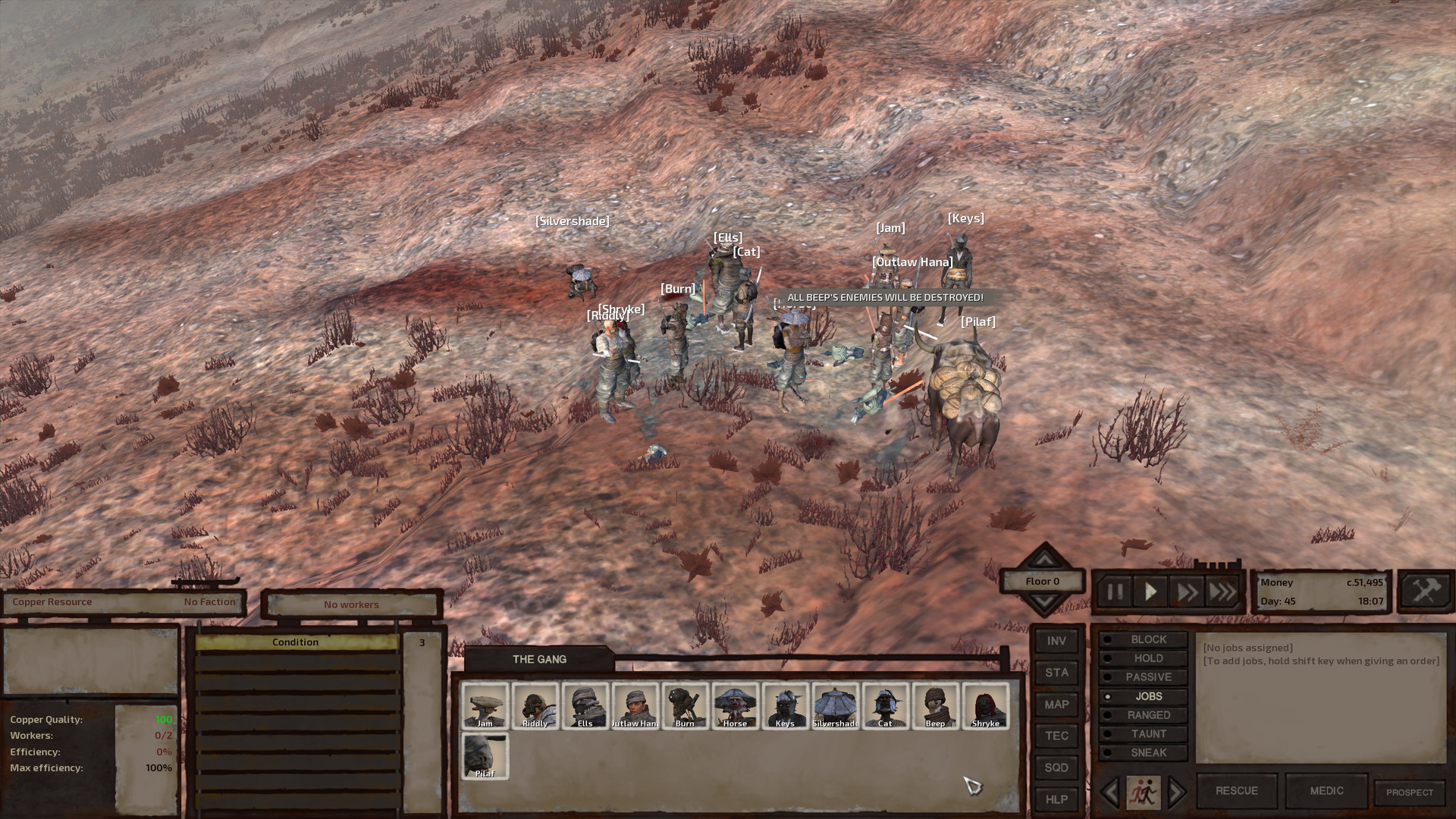The gang stands on the side of a hill, the ground off-white with streaks of red, among the unconscious and dead bodies of some fogmen who attacked them. Swept up in the euphoria of victory, Beep bellows into the sky.
