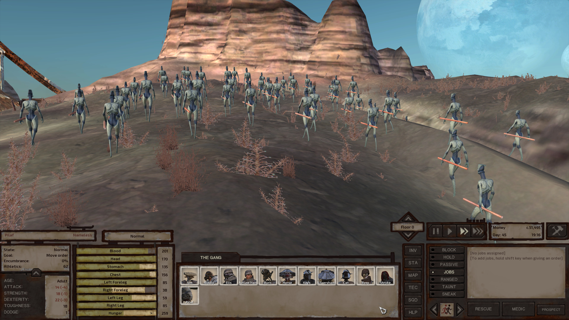 A horde of fogmen walks along a hill toward a rocky outcropping beneath a clear blue sky.