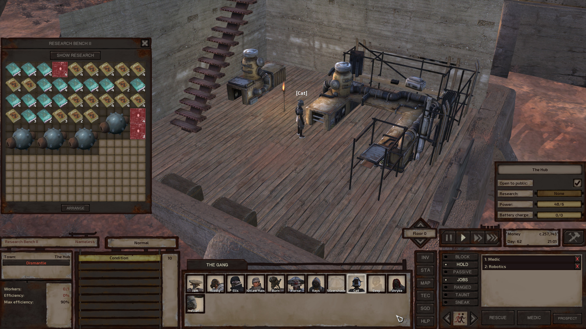 In the gang's house in The Hub, Cat stands at the large research bench. The research bench's inventory is open, showing stacks and stacks of research materials the gang has collected.