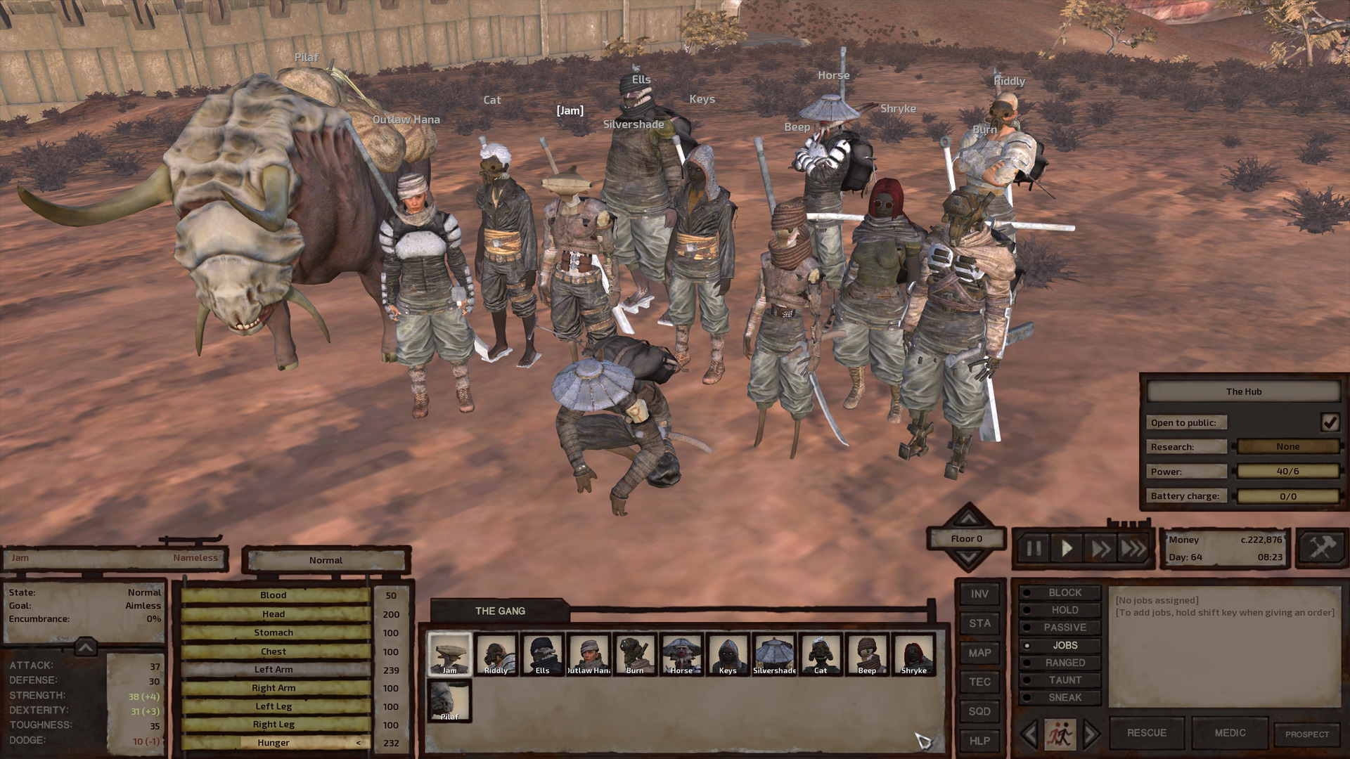 A group shot of the gang. Outlaw Hana and Burn are now wearing plate jackets: Black leather long-sleeved jackets with white plates covering the chest and shoulders. Burn is wearing beige rags around their shoulders and arms, with leather straps securing armour plates to their chest and forearms. Keys has a chainmail hood she bought from Armour King. Cat is now wearing a fog mask just like Riddly: A metal gas mask with two little circluar eyeholes. His voluminous 80s-style blow-dried hairstyle now has room to breathe without a helmet smothering it.