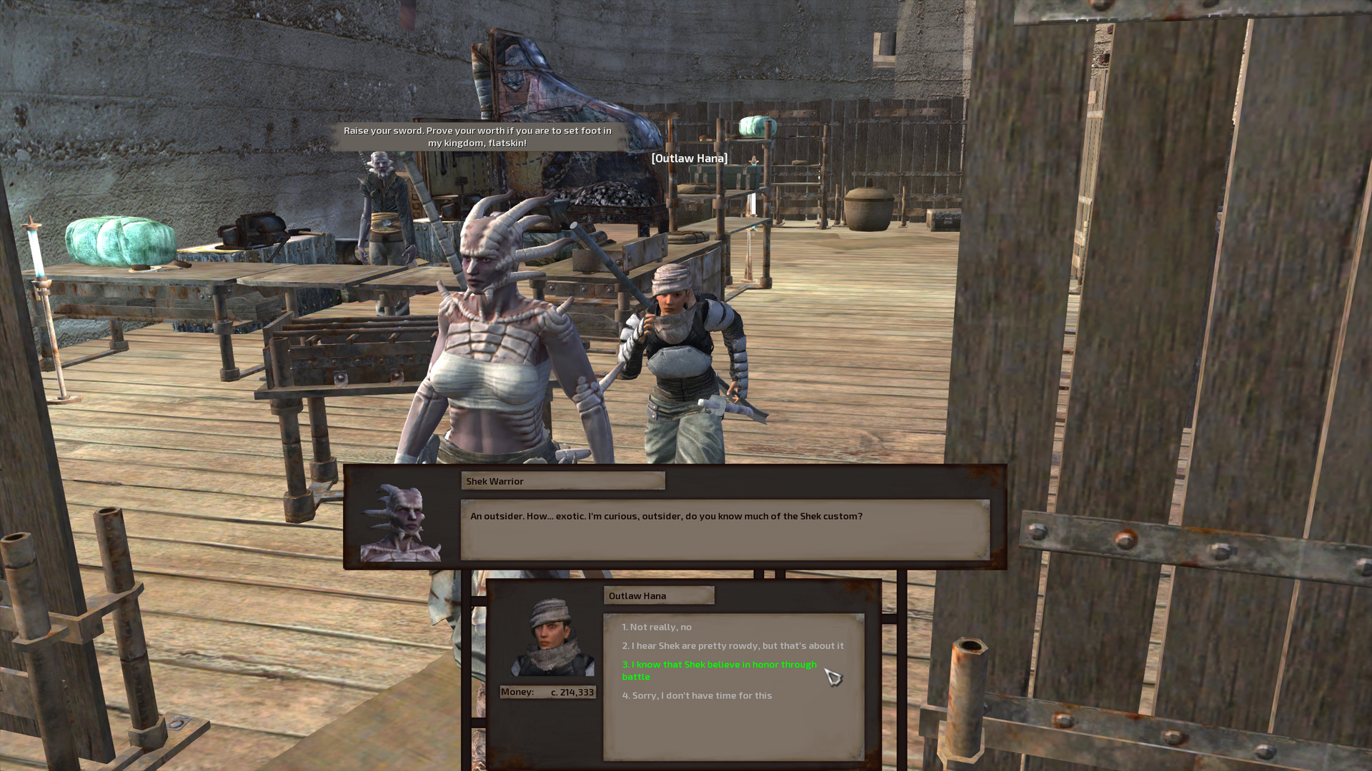 The weapon shop is a deep, narrow building with a forge standing just past the shop counter. The shopkeep is a tall, thin shek man with his horns cut, standing with stiff and somewhat awkward posture, his shoulders hunched. In front of the counter, Outlaw Hana runs up to a muscular shek warrior wearing metal leg armour and topless but for a sarashi wrap around her chest. Despite being in the middle of taunting Outlaw Hana, the shek warrior is walking away.