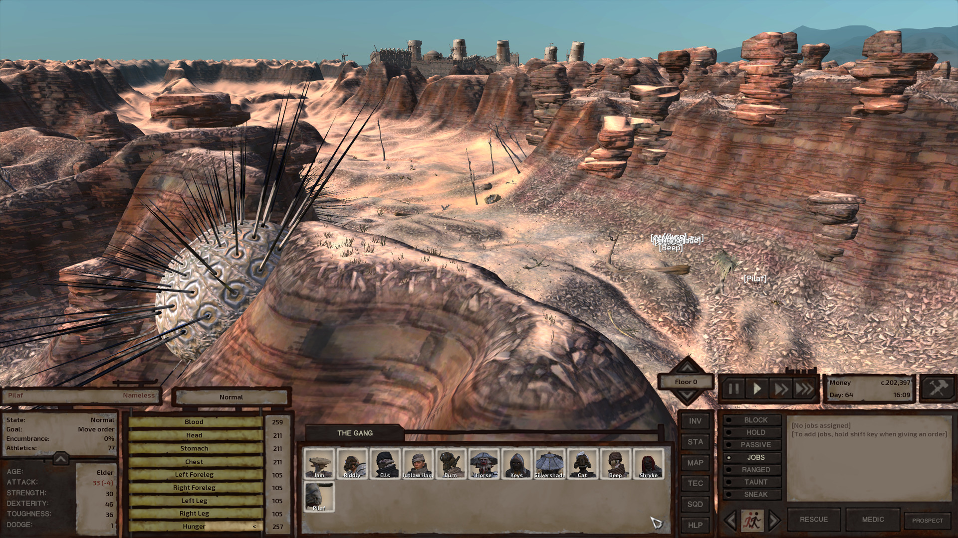 A wide canyon cut between high, forbidding jagged ridges. In the foreground, some kind of immense stationary organism is attached to the steep slope of one ridge; it looks like a sea urchin but with sparser, longer spines. A city can be seen atop a distant plateau, numerous towers and windmills sticking up above the high walls.