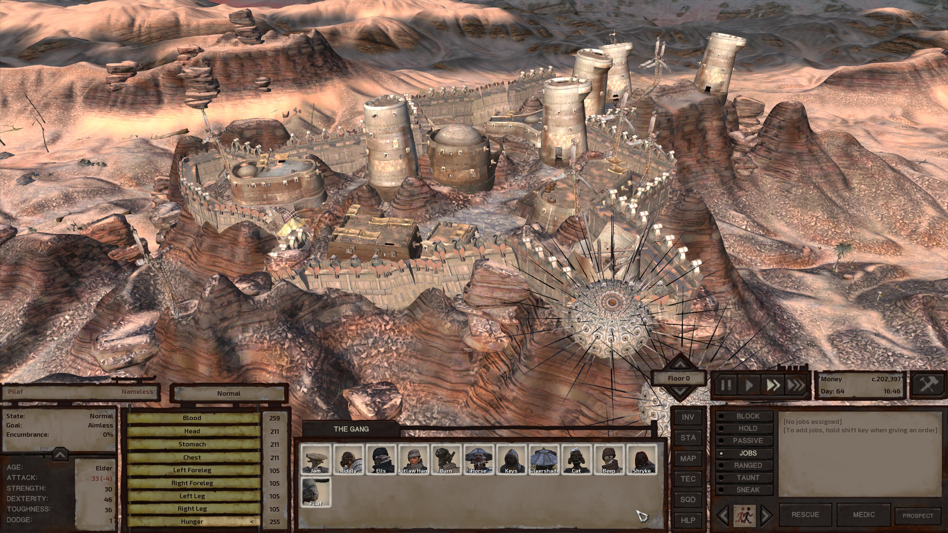 The city of Admag. The plateau features a number of nubby rock outcroppings about a storey high; the buildings have had to be built around them. Towers are the dominant form of construction here, numbering five in total with a sixth busted one at the edge of town. Curiously, in front of the busted tower, the walls intersect with one of those sea urchin-like organisms, the organism itself serving as a section of the wall. Whatever they are, they must be entirely stationary and very long-lived.