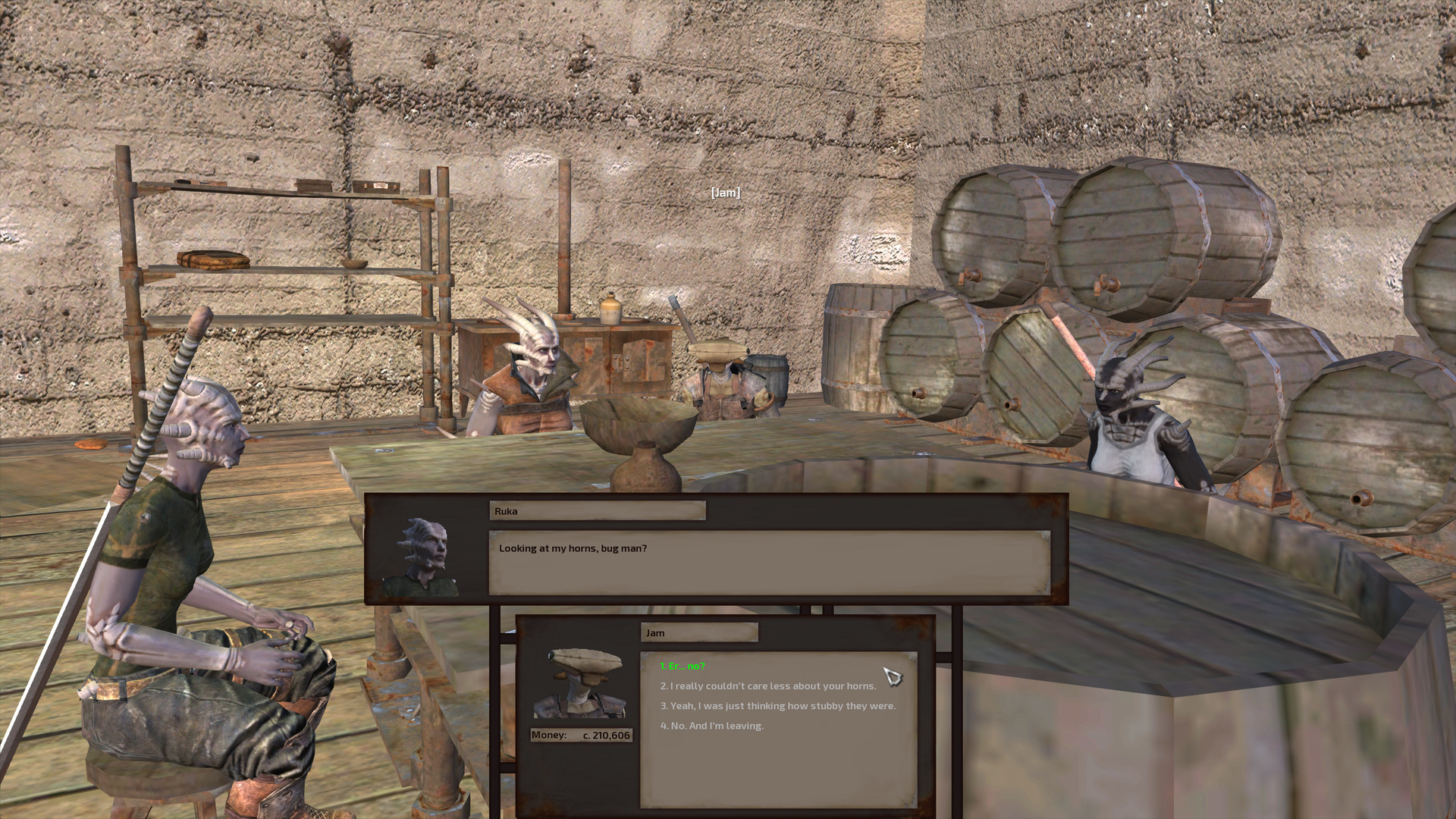 In a bar, in front of a wall lined with casks, Jam sits at a table with three shek women. One has black skin and wears a white tank top. One wears an orange sleeveless leather jacket and has more bone plating on her face than most, the plating forming a thick line across her cheeks to her nose, then turning sharply downward to meet her chin plating. The third has light greyish-purple skin and wears a dark green shirt and black leather pants. Her horns have been cut.