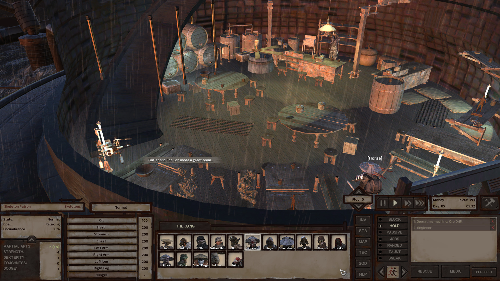 Horse stands in the doorway of a bar, looking around the room. A ceiling lamp casts warm light over the centre of the room, where round wooden tables sit empty, awaiting patrons. Other than the barman, the only people here are two skeletons sitting at separate tables around the dark edge of the room, opposite the well-lit bar with the casks and still packed in under the ramp beside it. Something about the yellow-orange light and the brown tile walls manages to give this place a cozy ambiance despite everything.