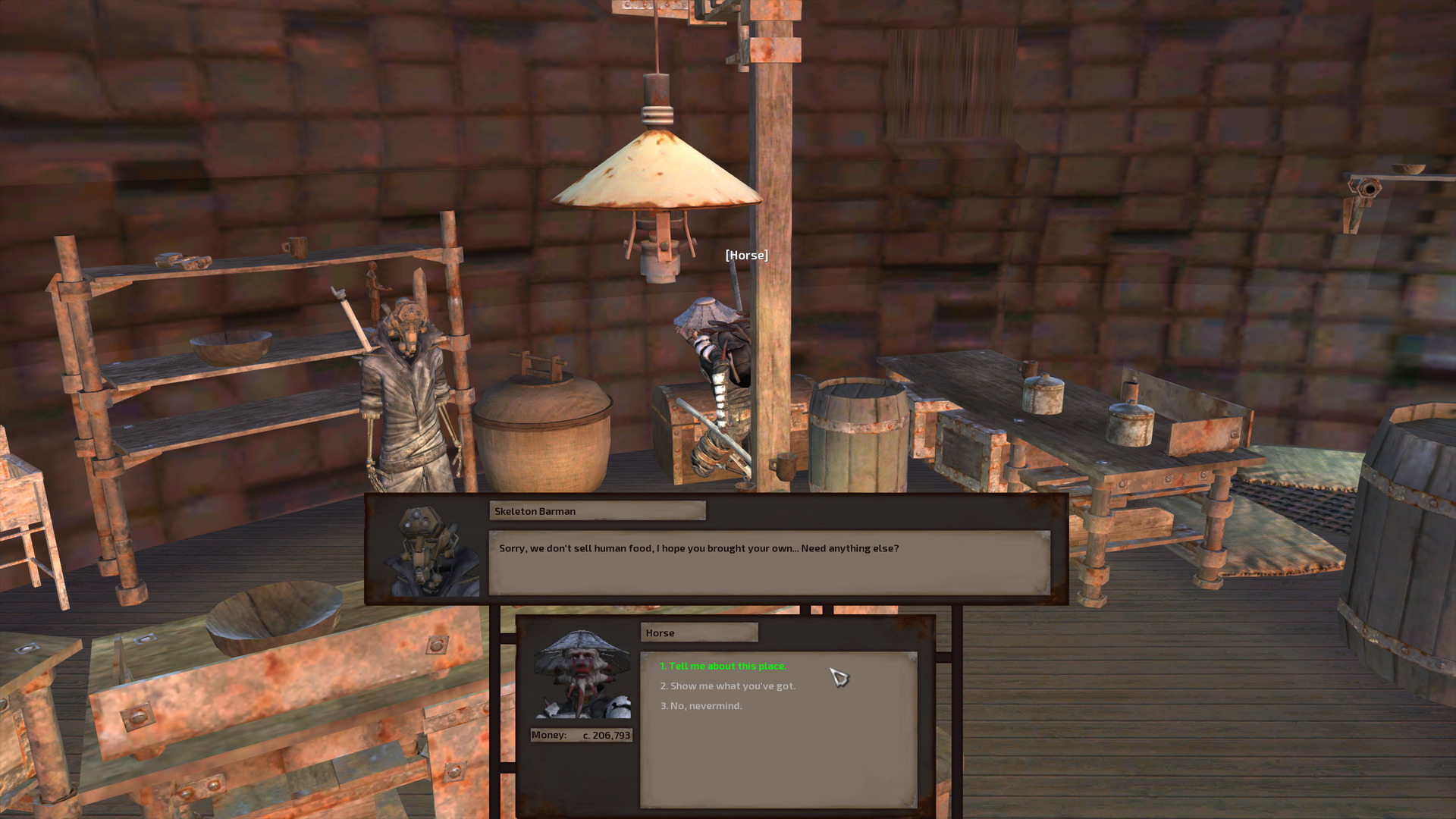 Horse chats with the bartender, a skeleton wearing a sleeveless black leather longcoat.