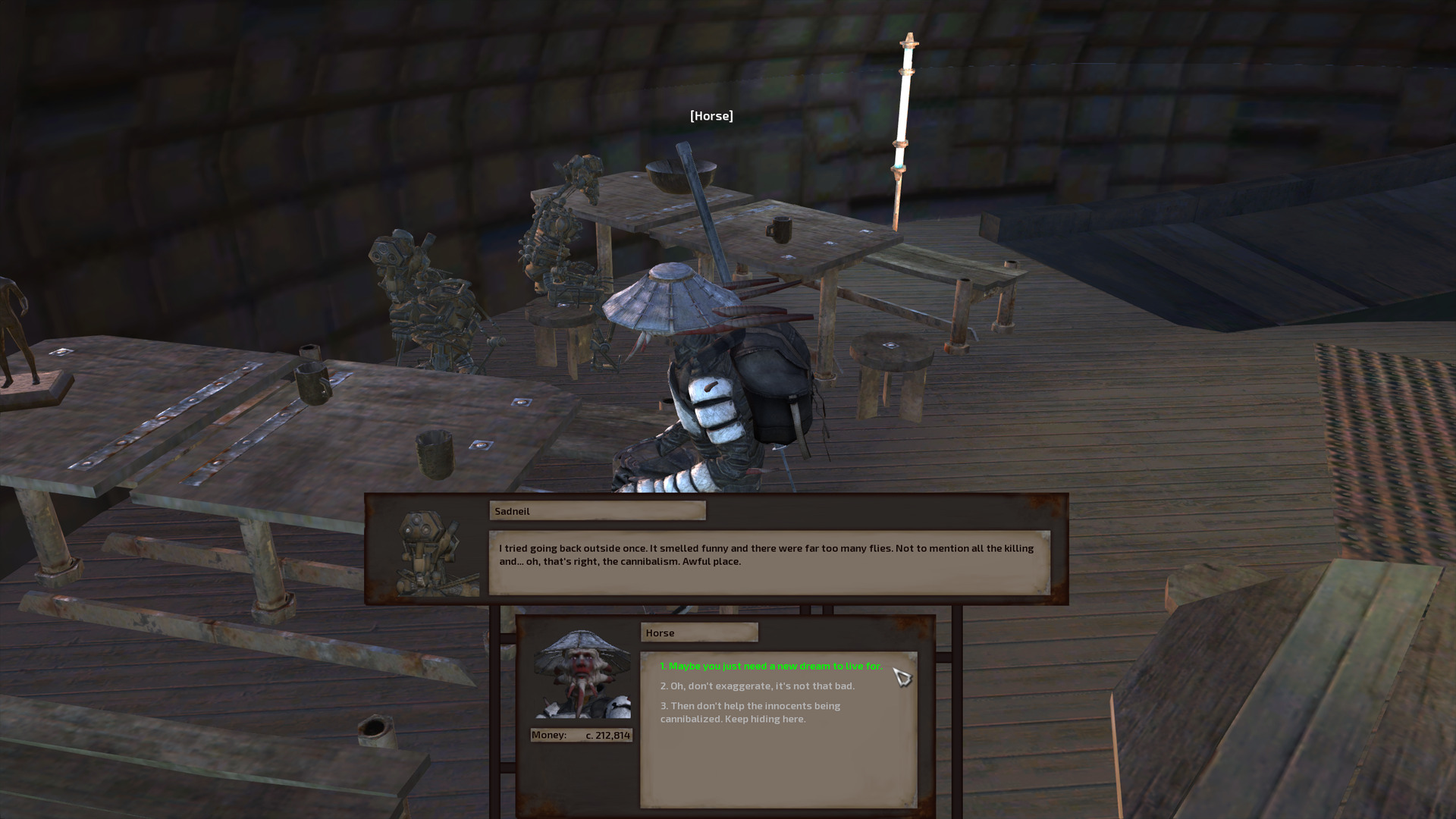 Horse sits down at the end of a table with the skeleton. On the table are a few cups, which is a bit mysterious since skeletons don't eat or drink, and a statuette of a guy, which is even more mysterious. What is it doing here? Does it belong to this skeleton or is it part of the bar's decor? These questions and more will remain unanswered forever.