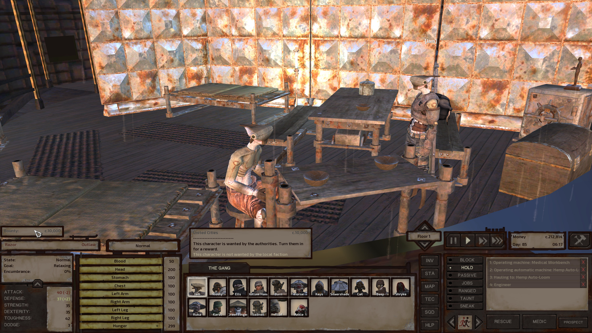 In a room with a mix of beds, tables, and storage, a topless hive soldier in orange shorts sits at one of the tables with a bowl in front of them, looking out the window.Jam stands nearby, looking on.