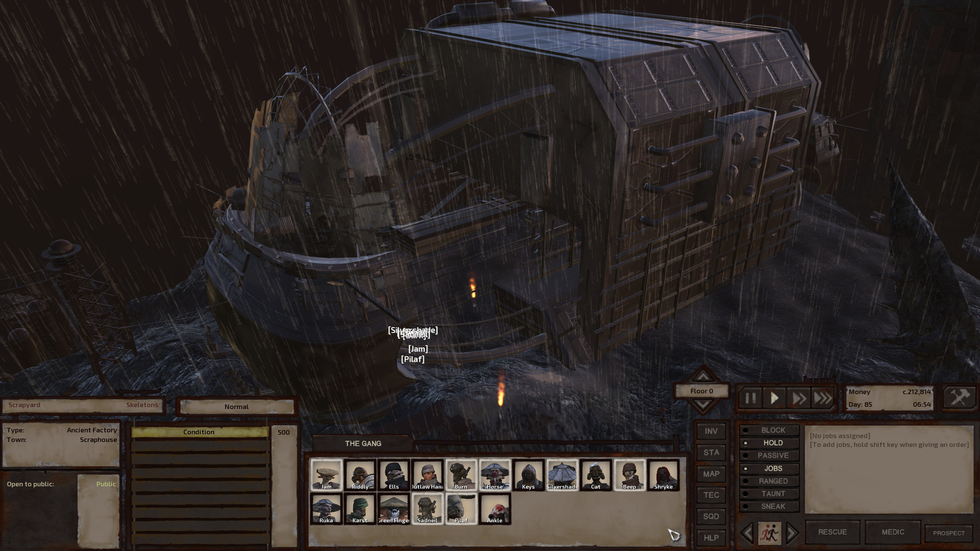 The gang stands in front of... honestly I'm not sure what to make of this one. It's a massive old building that almost looks a derelict vehicle of some sort, like an enormous truck, but it wouldn't really make much sense for it to be one. The main body of the building is technically a two-storey affair but they are very tall storeys. The bottom one is open to the air on either end with walls on the sides. There's no floor in the middle, just ground, with raised walkways on either side. It's similar to the workshop ruins in that way. It almost looks like a hangar or something. From one of the walkways, a thin ramp leads up to the second storey, which is entirely enclosed with no windows. The whole body of the building is rectangular with beveled edges and some greebling on it. Loosely attached to this by several curved metal bars, at a bit of a distance that leaves a wide gap that's easy to walk through, is a convex piece about half as high as the body. Protruding from the top of this, stretching the rest of the body's height, is a fingernail-shaped wire framework with a bunch of sheet metal scraps jammed all over it. I don't have a ghost of a clue what the hell any of this piece is for and it's why I say the shape of the thing reminds me of a vehicle. It's shaped a bit like the front of a car or something with a windshield coming out the top. Search me; I don't have a clue what this thing used to be.