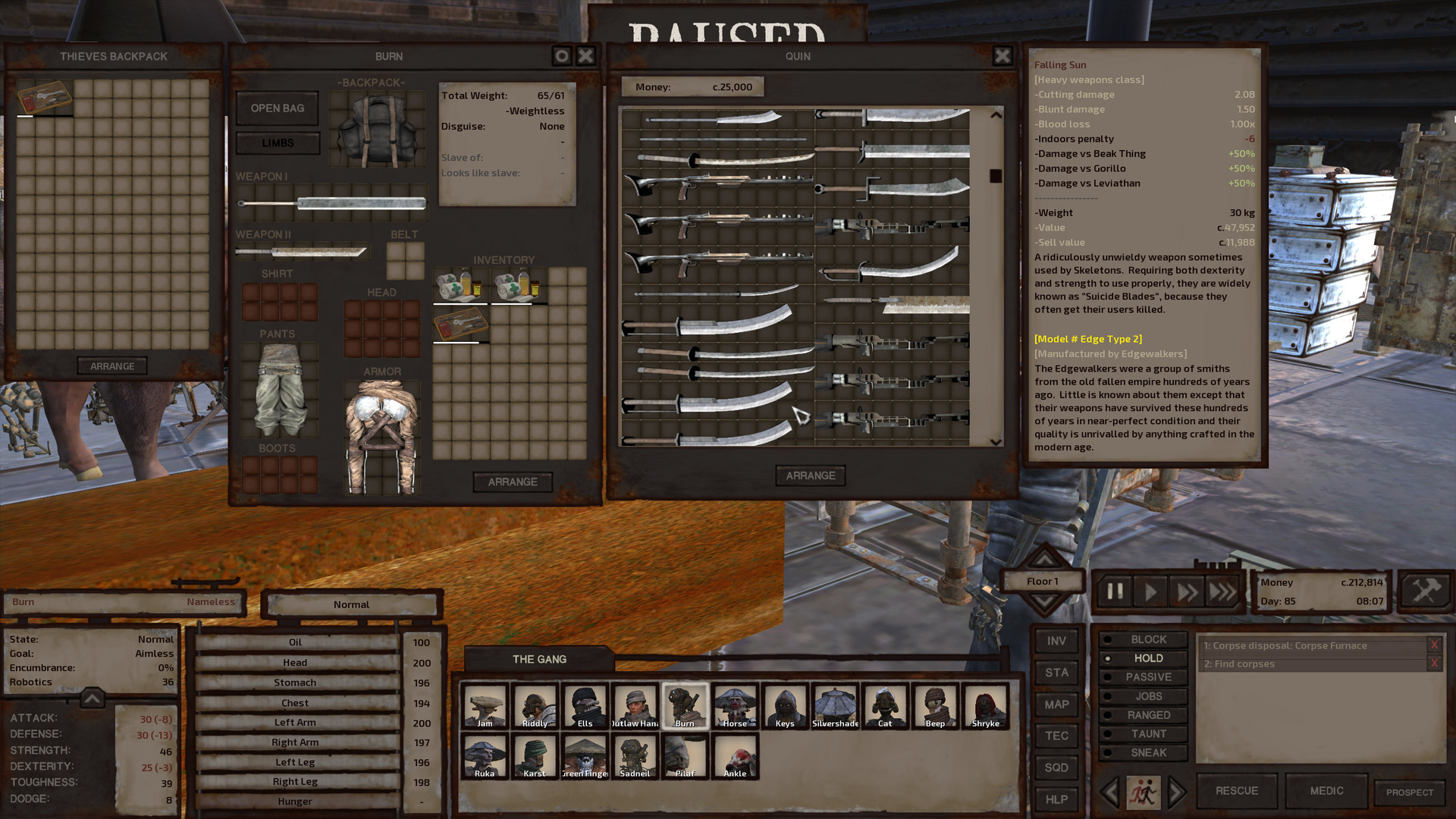 Burn is shopping at the Scraphouse. They are looking at a falling sun, which is a long, heavy, curved sword with a wide blade and a flat tip. Its hilt has generous room for two hands and a straight guard that runs its length.