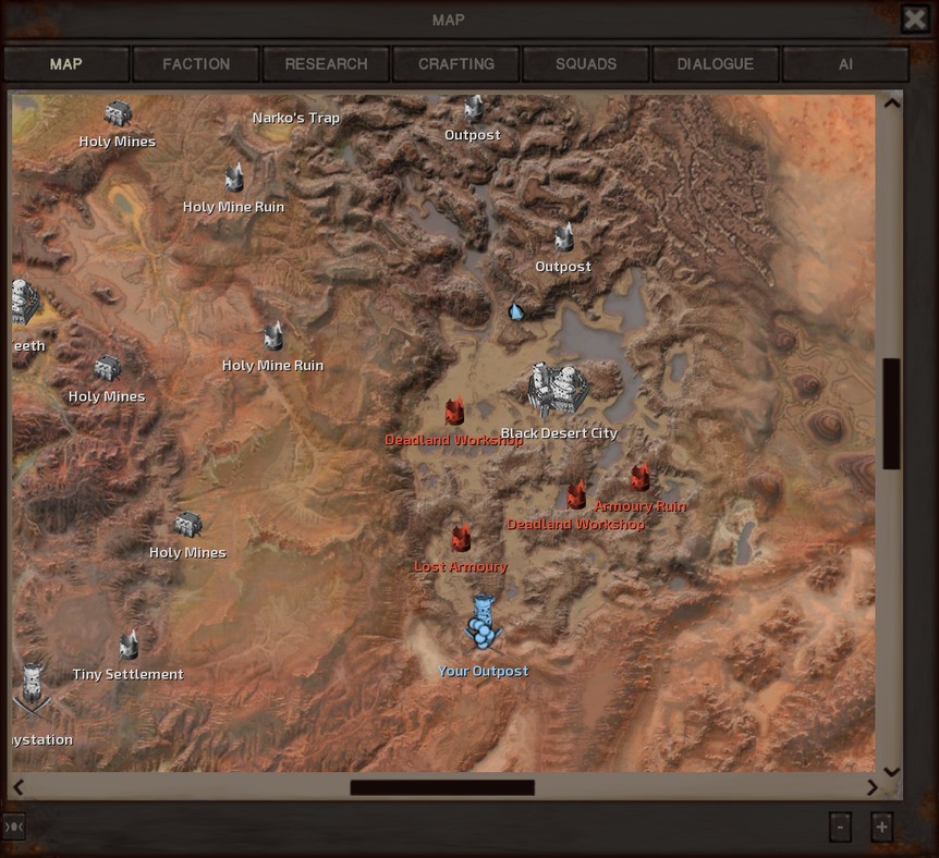 The map, showing the as-yet-unexplored lands north of the Deadlands. It's zoomed out enough to show the gang's base at the southern tip of the Deadlands and the Holy Nation territory of Skinner's Roam to the west, dotted with several Holy Mines and Holy Mine Ruins.