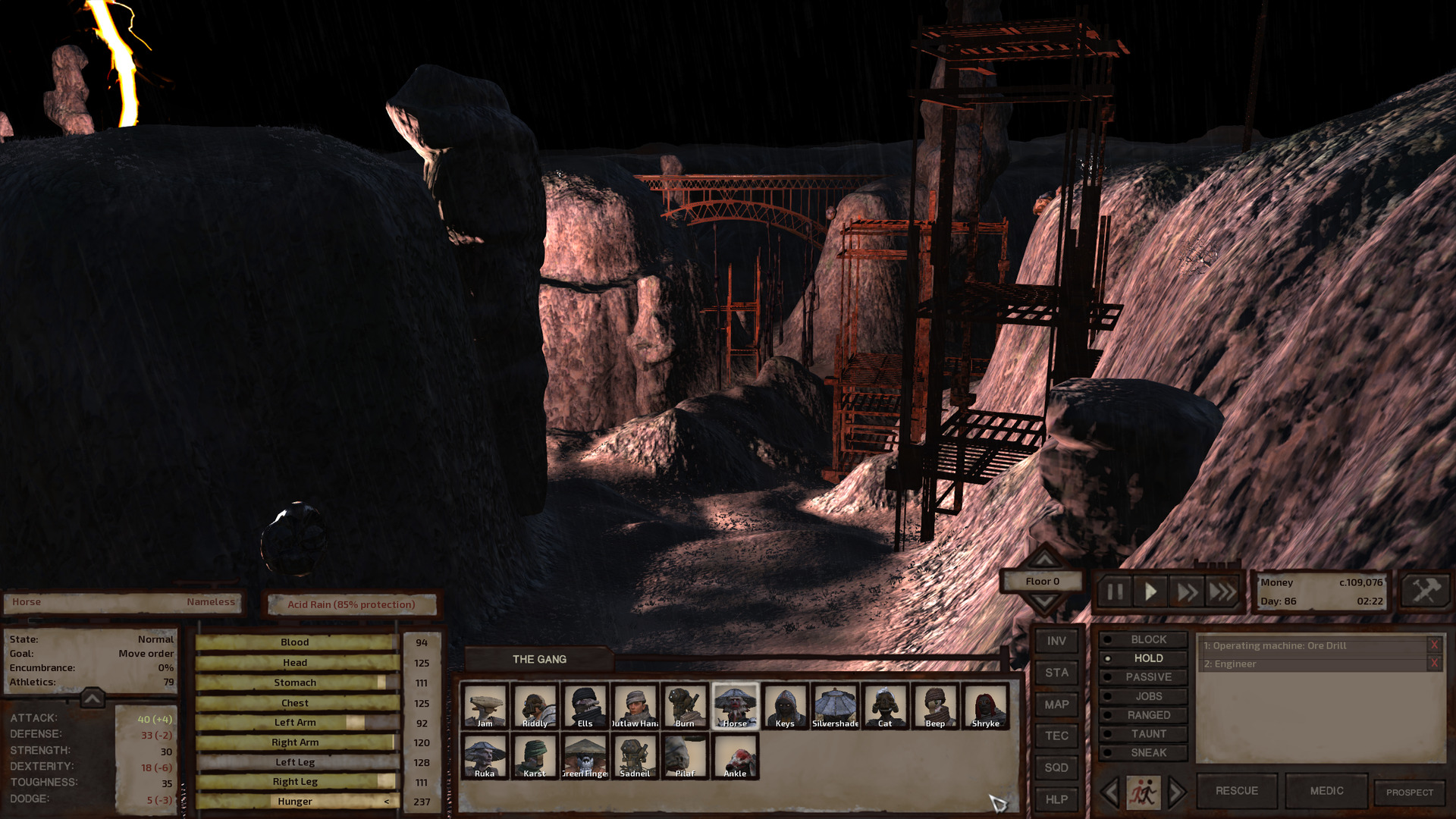 Illuminated by a flash of lightning, a few rusty scaffolding platforms are lined up at one side of a narrow, barren canyon. Further away, an equally rusty arch bridge stretches across the span.