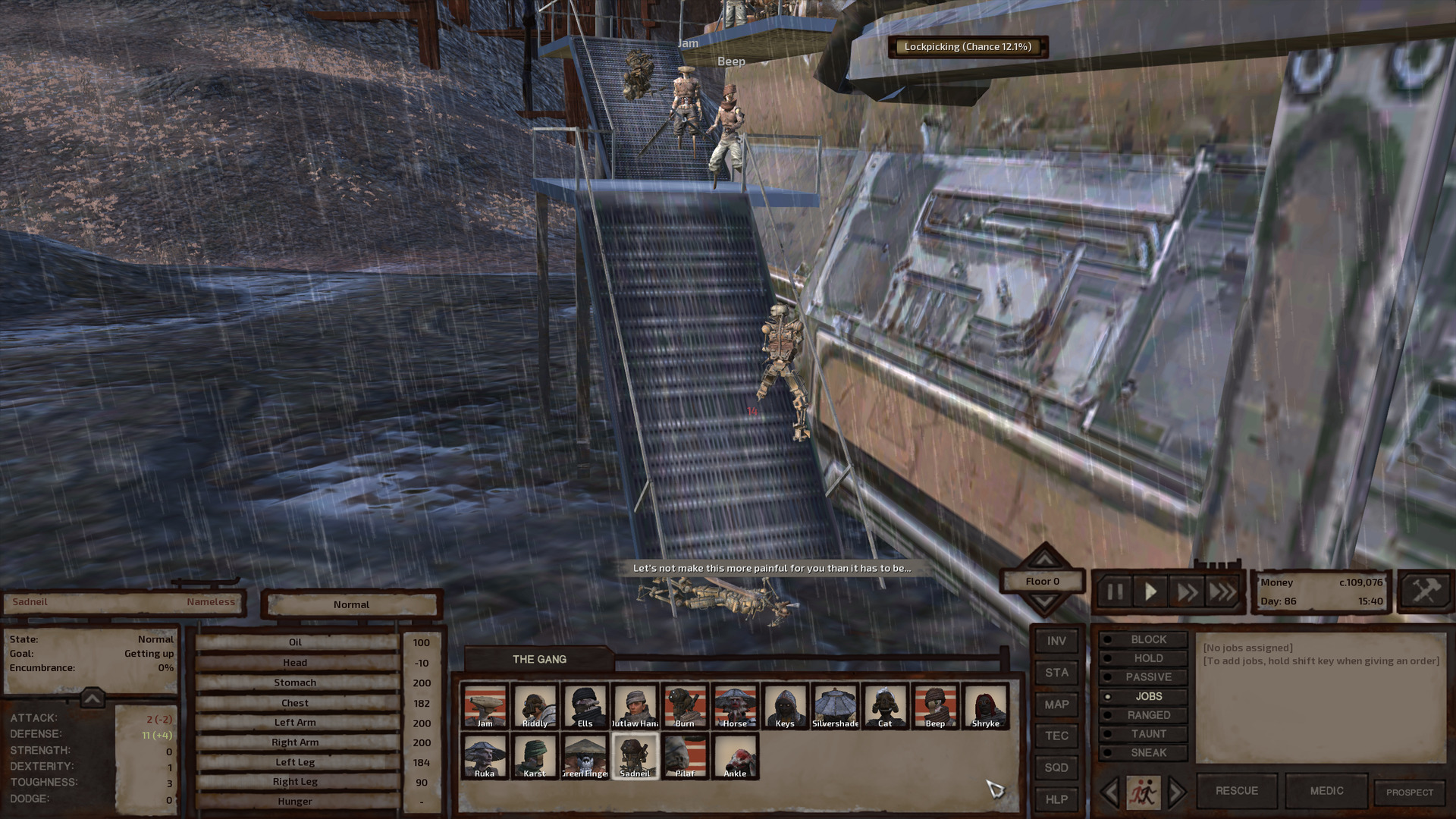 A hostile skeleton in a combat stance inches up a metal ramp toward Jam and Beep, who stand on a small platform halfway up said ramp with their swords drawn. At the foot of the ramp, Sadneil begins to push themself to their feet from where they were laying face-first on the wet, grey ground.