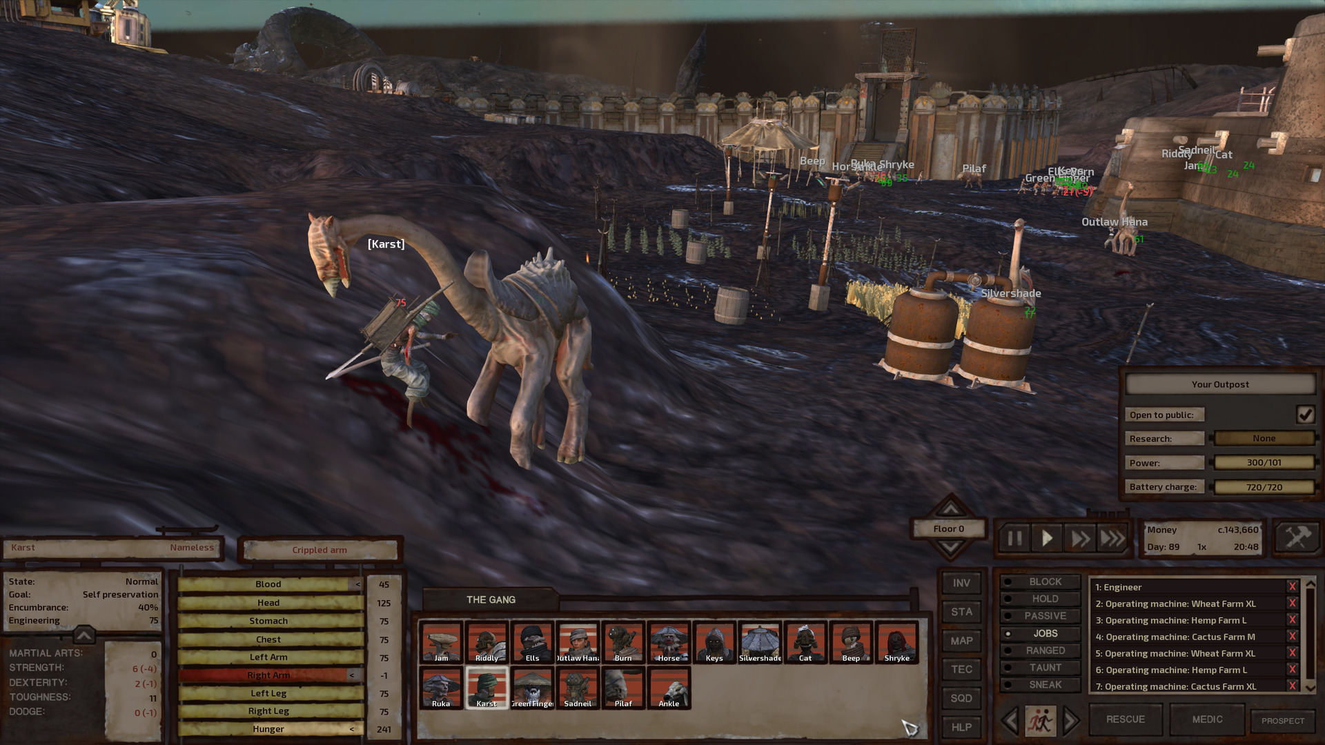 A shot of the lower half of the base, with the farms in the foreground and the newly upgraded gate and partially-finished wall in the background, now higher and with a more solid construction of stone and steel. In front of the farms, a beak thing lands a devastating peck on Karst's right arm. Karst staggers under the blow, blood spilling down their arm and pooling on the ground. Silvershade fends off a second beak thing next to the wheat farm and further away, Outlaw Hana battles a third next to the smithy. The rest of the gang is further still, engaged in a fracas with hungry bandits near the gate.