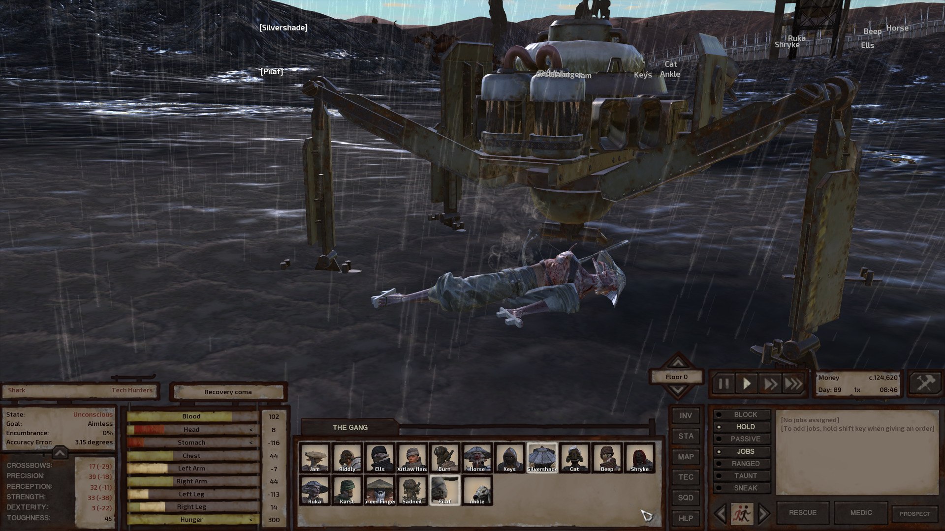 A shek man in a conical iron hat and light travelling clothes lies on the wet grey Deadlands ground, bleeding profusely, with an iron spider standing over him. He's close enough to the base that the walls are visible in the distance.