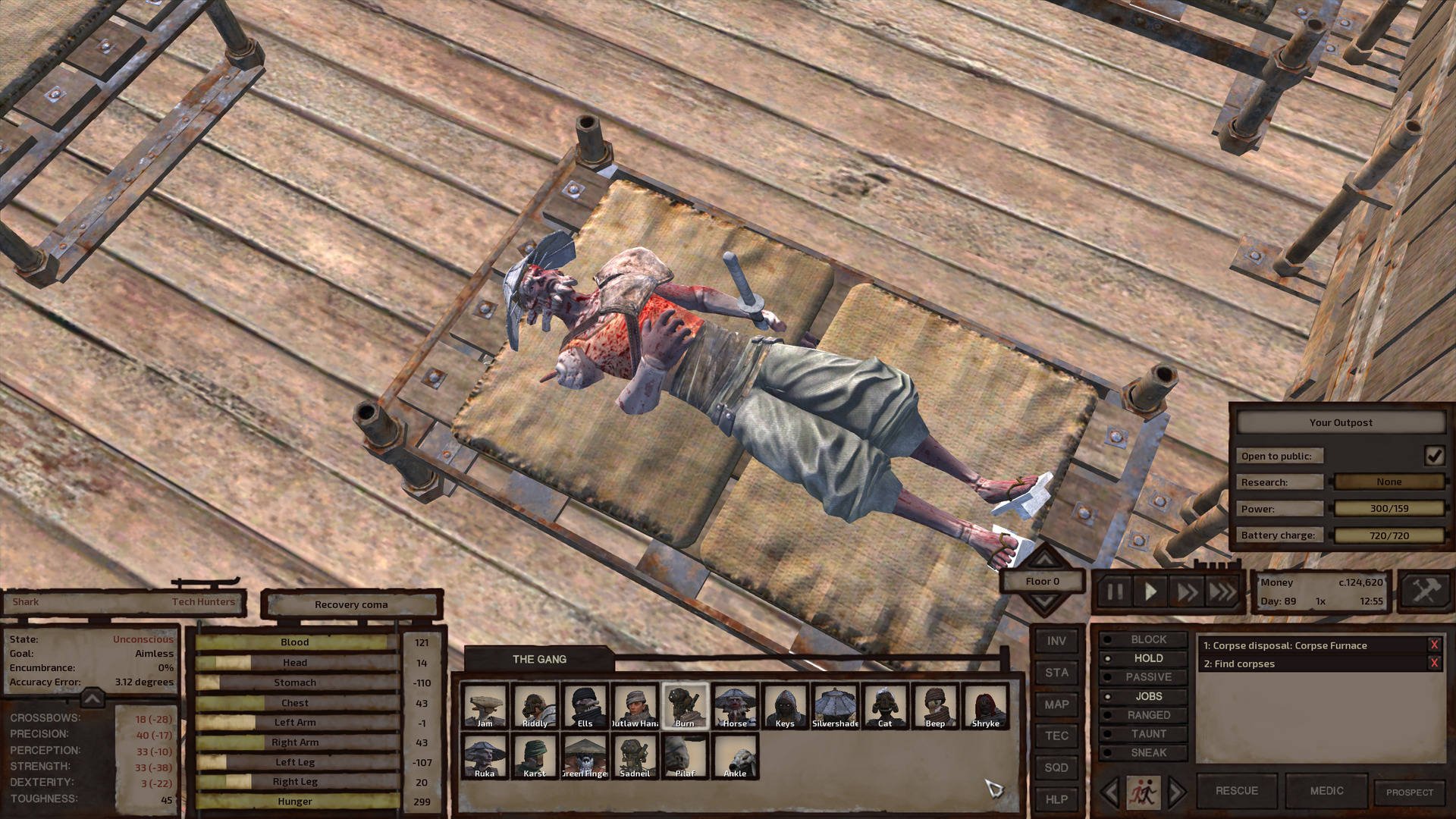 Shark, still with his head and torso covered in blood, laying in a bed.