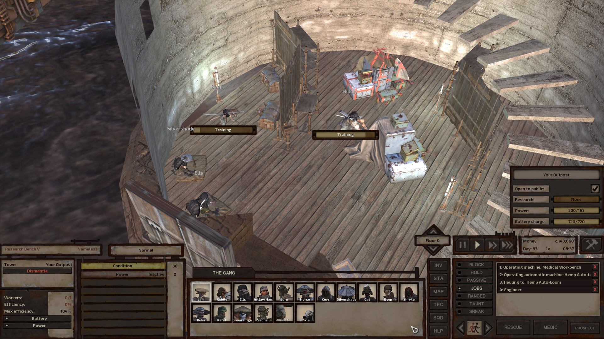 The ground floor of the training tower. This smallish circular room is centered around two sets of thievery training boxes, which take up quite a bit of space. On one side of this area are the stairs; on the other, separated by a zigzagging interior wall, a small area with two lockpicking training boxes. Off to one side of the entrance, Ells and Silvershade sit on cushions, chilling while Riddly and Beep practice thievery and lockpicking respectively.