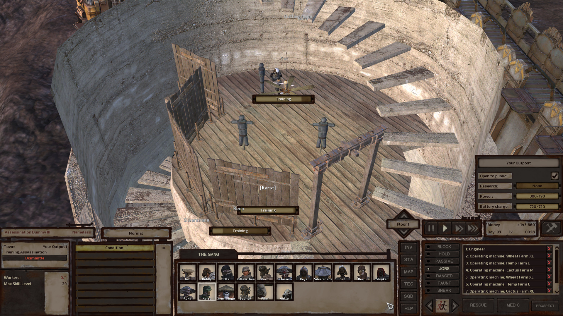 The second storey. The stairs spiral around the tower walls. On this storey, wooden beams frame the entrance from the landing to the room, which contains three assassination dummies. Cat is practicing on one of them.