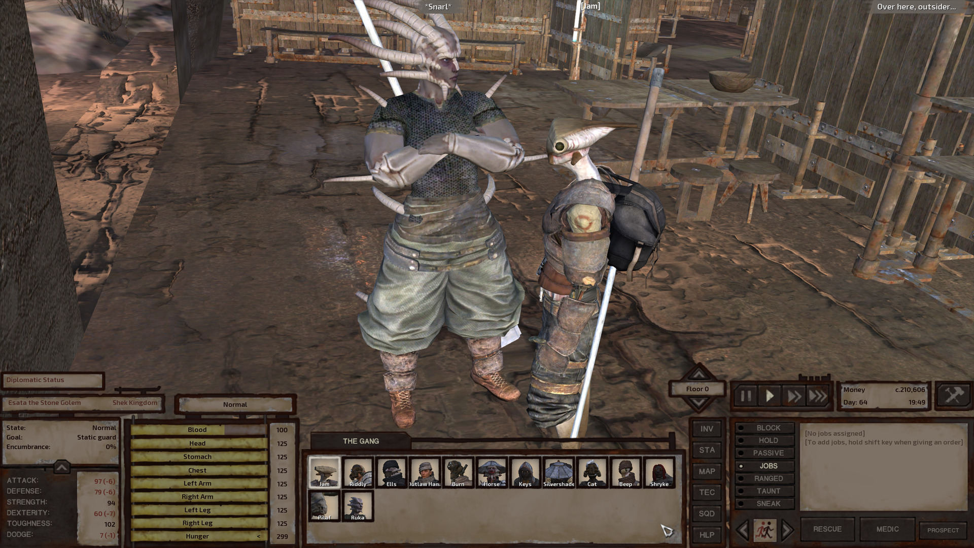 In the entryway of the government building, a room with a dining table and a few benches, Jam attempts to speak with Esata the Stone Golem. She is a large shek woman with impressive horns and medium grey skin. She wears a short-sleeved chainmail shirt that shows off her bulging biceps.