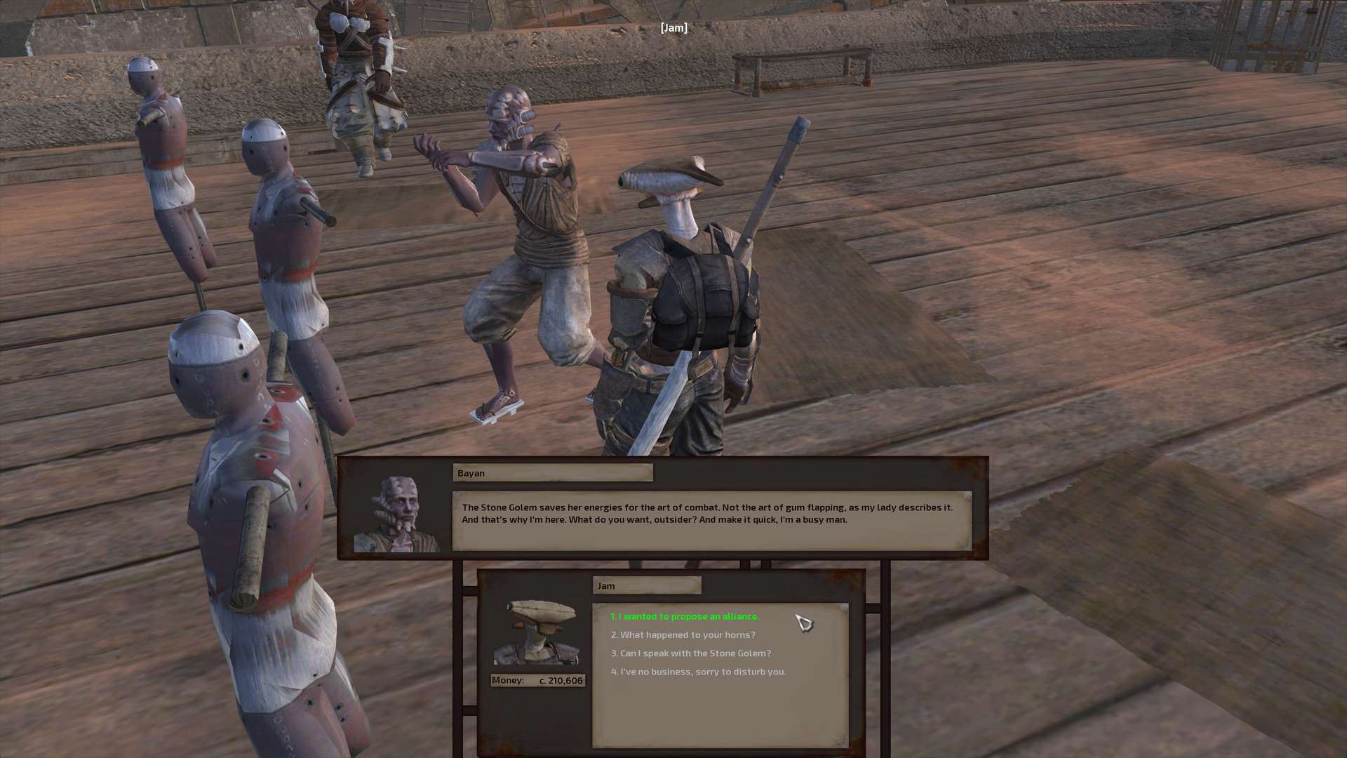 On the roof, Jam speaks to a slim shek man with cut horns. He wears regular clothing, no armour, and is training on a training dummy despite lacking a weapon.