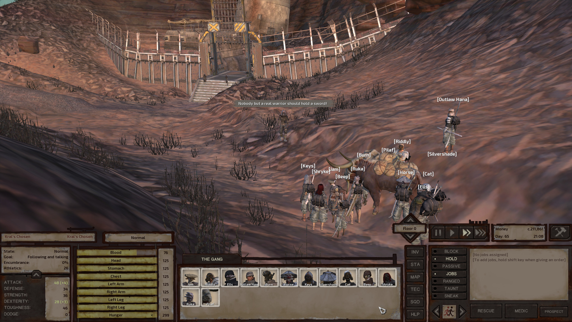 The gang looks across a stretch of rocky ground to a tower consisting of a fortress and a small house-sized outbuilding, protected by a gate and wall in front and a high rock outcropping in the back. Two shek stand guard at the gate while one walks toward the gang, a man wearing a chainmail hood, ninja rags, black leather pants, and metal boots.