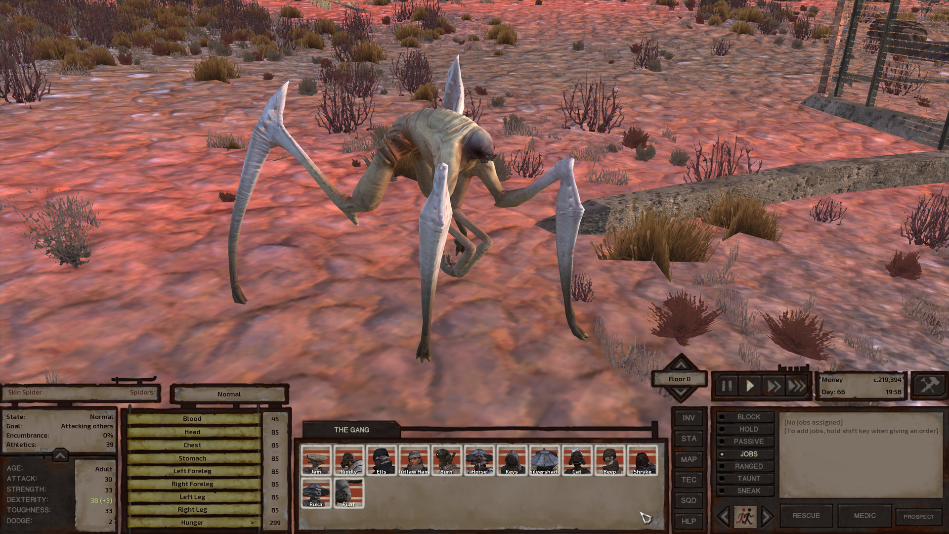 A skin spider. It's larger than a human. It stands on four spider-like legs with scythelike shanks and tiny little clawed feet. It additionally has two arms that dangle below it, ending in elongated two-fingered hands with wicked claws. Its head is round, relatively small, and a ruddy colour that contrasts with the pale greenish-yellow of its body and the white of its legs. It is not segmented like a real-world spider; rather its torso has an almost humanoid shape to it.