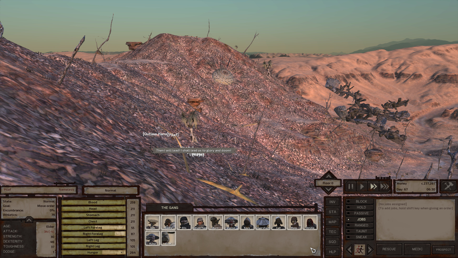 The gang chats as they walk across the slope of a scree-covered hill. One of those massive sea urchin-like organisms is embedded in the same hill further along. Further again in the distance, toward the bottom of the slope, is a tangle of ancient detritus shaped kind of like a bunch of thick, short rods all stuck together at odd angles.