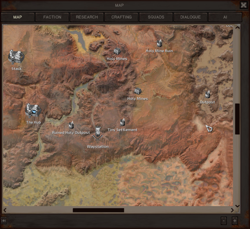 The map, showing The Hub centre-left with the Holy Nation city of Stack a short distance to its north. Directly east of The Hub as stated, across a deep river canyon, some craggy Border Zone highlands and the desert called Skinner's Roam, the game cursor points to the planned building spot.